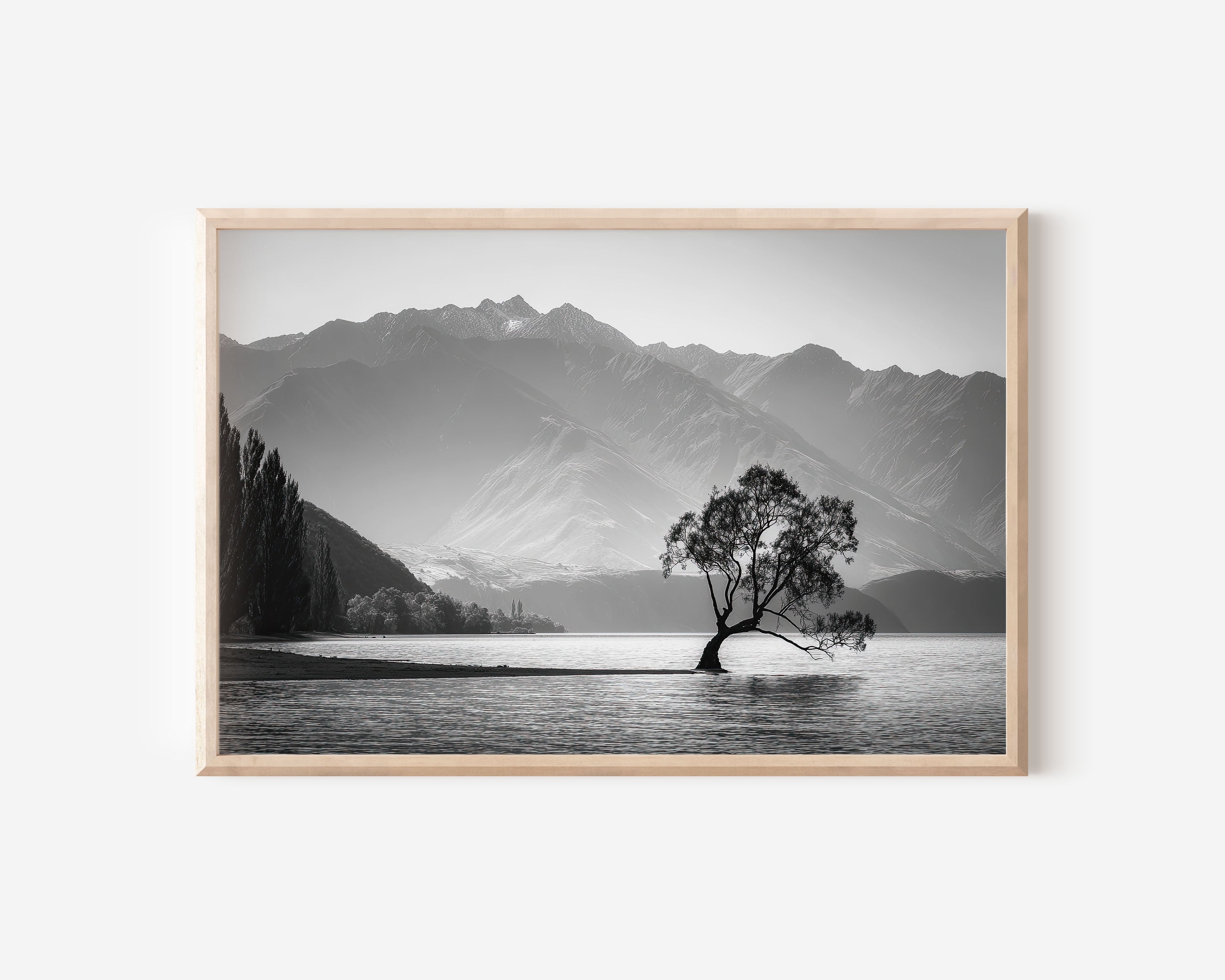 Lone Tree Wanaka Wall Art Print – Black and White Lake Landscape