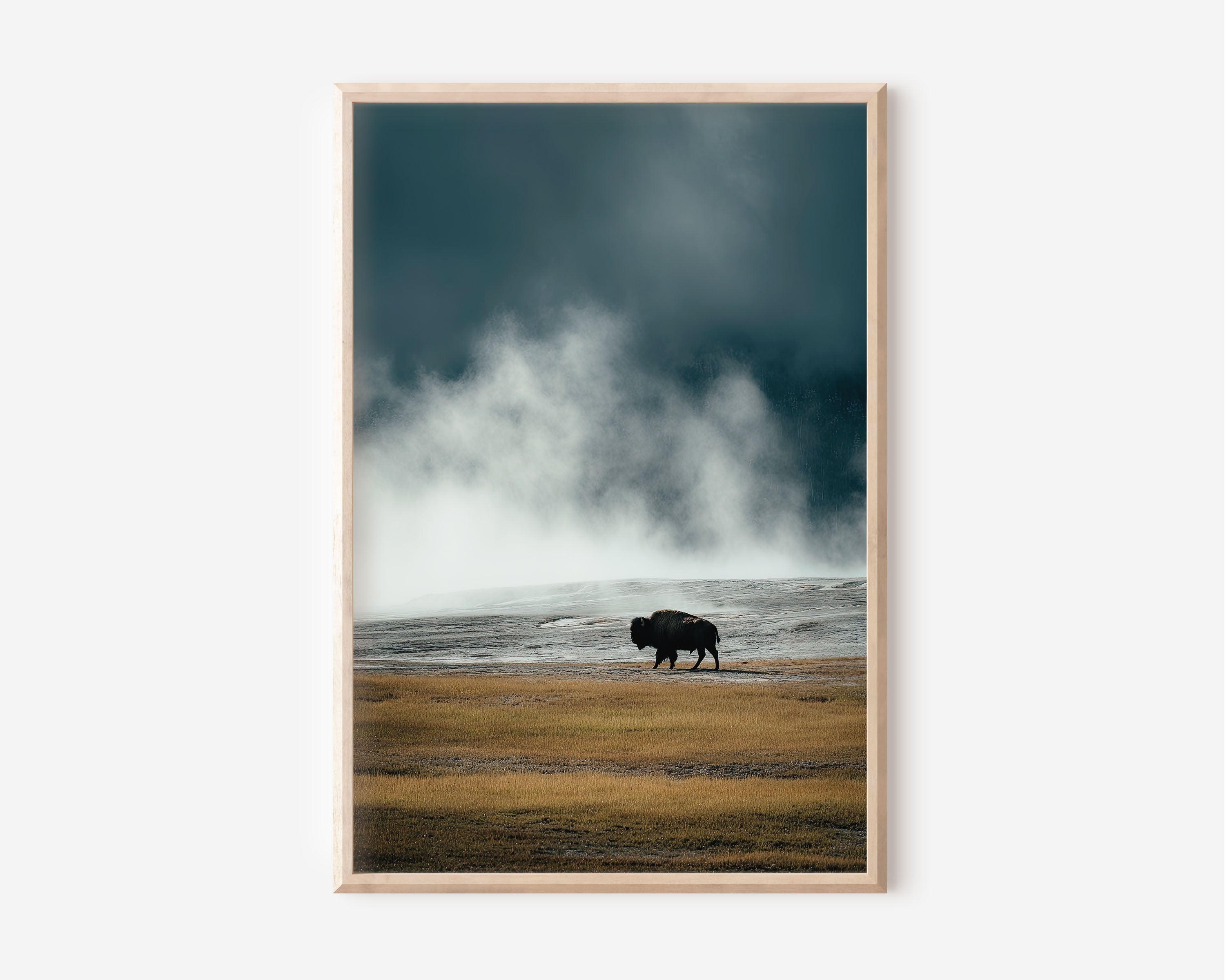 Yellowstone Lone Bison Wall Art Print | Geothermal Mist Wildlife Photography | Wyoming Landscape Poster | American West Nature Print | Minimalist Home Decor