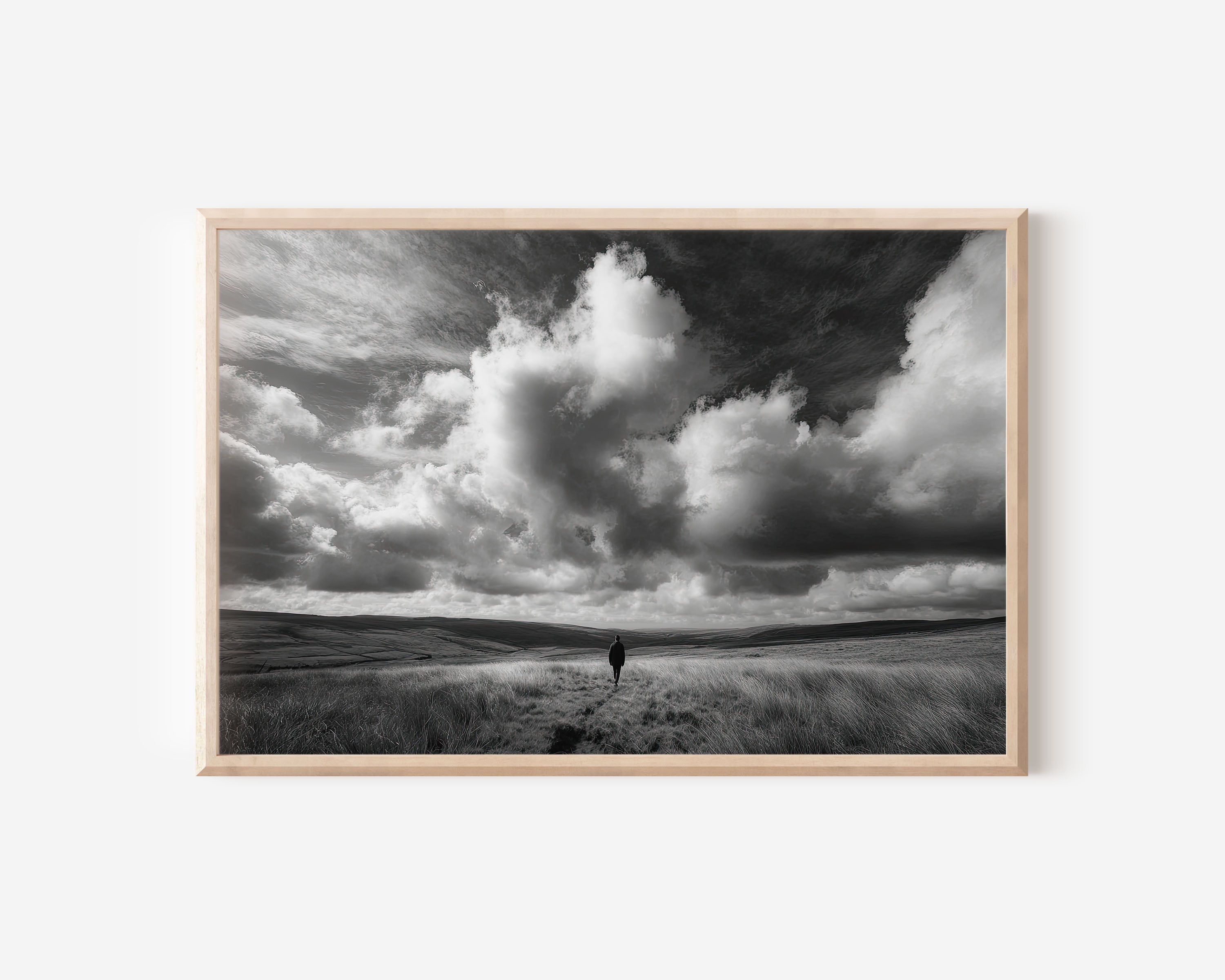 Lone Figure Moorland Print | Black and White Dramatic Sky Wall Art | British Landscape Photography