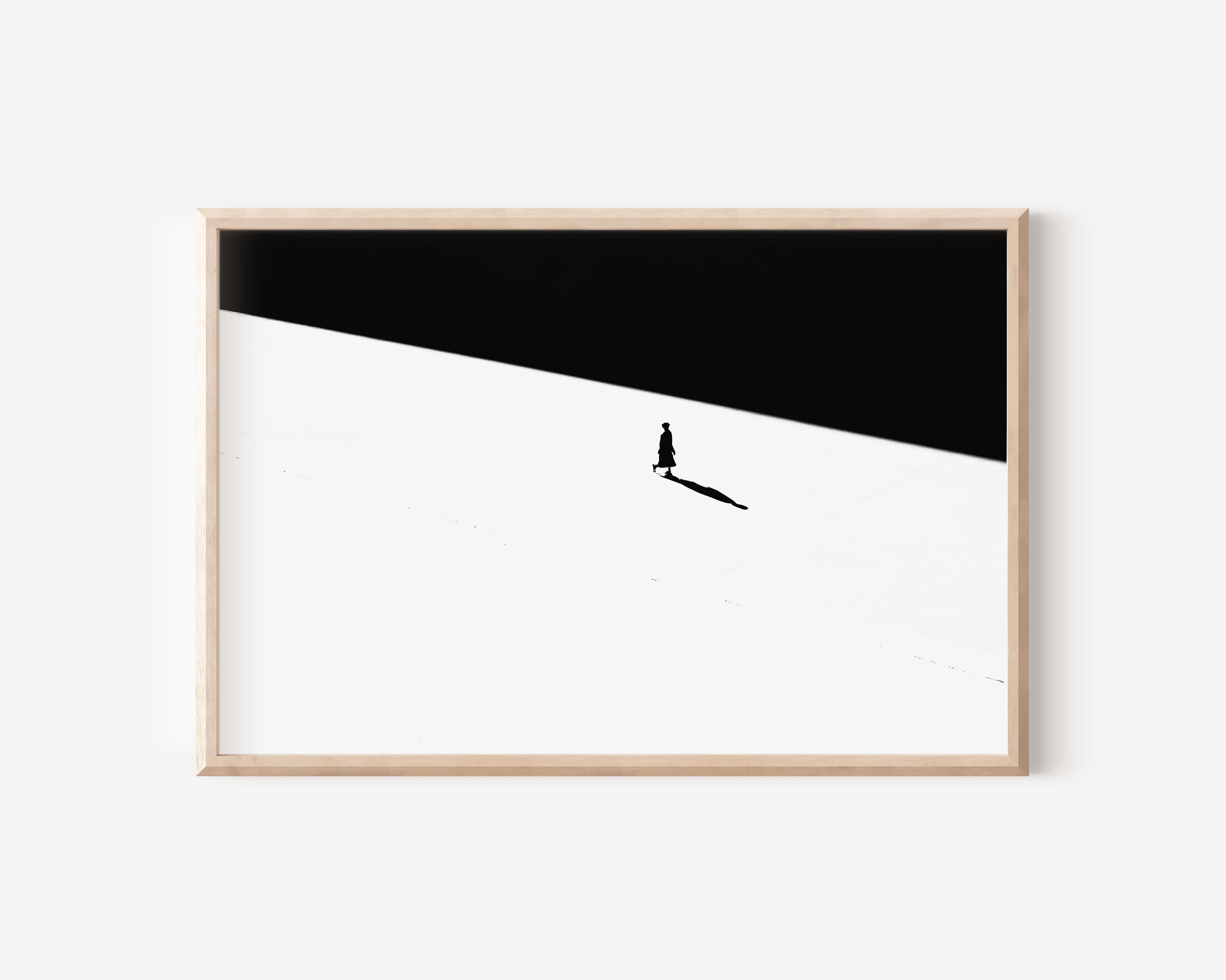 Lone Figure on Vast White Salt Flat | Minimalist Black & White Fine Art Print