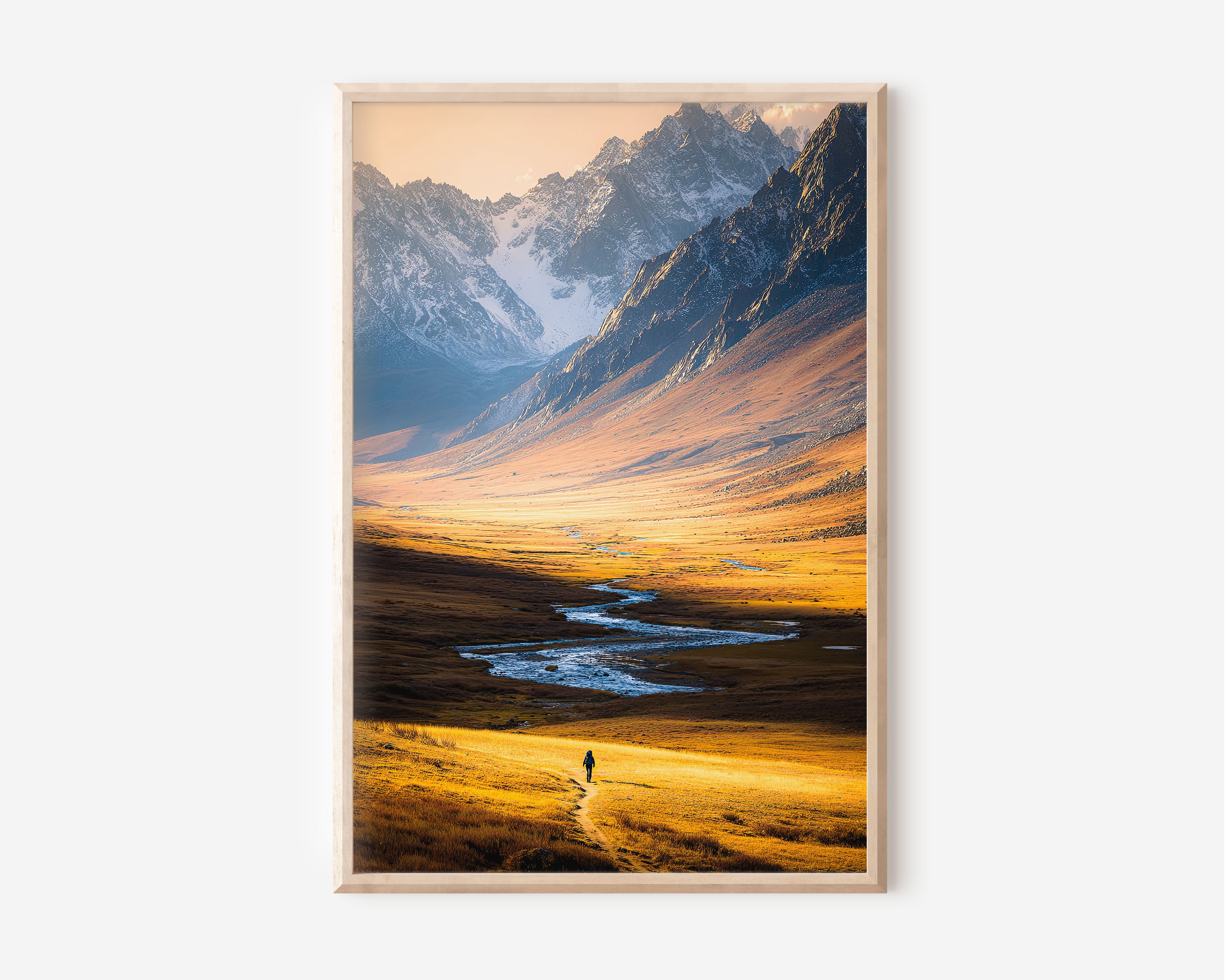Lone Hiker Golden Valley Wall Art Print | Central Asia Mountain Landscape Photography | Kyrgyzstan Tian Shan Adventure Poster