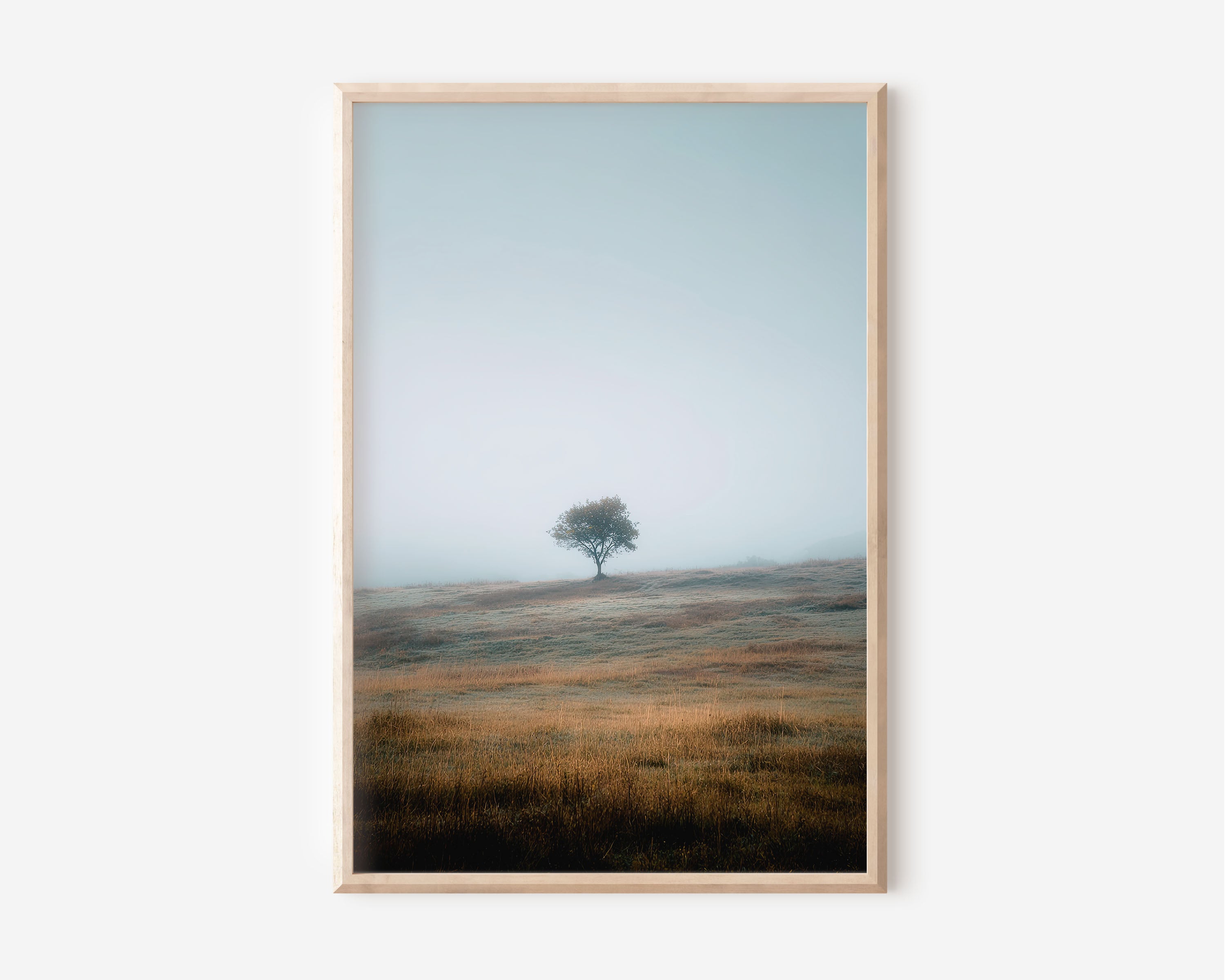 Lone Tree Misty Field Print | Minimalist Nature Wall Art | Foggy Meadow Landscape Photography