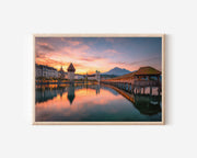 Lucerne Chapel Bridge Sunset Wall Art Print – Swiss Lake Reflection