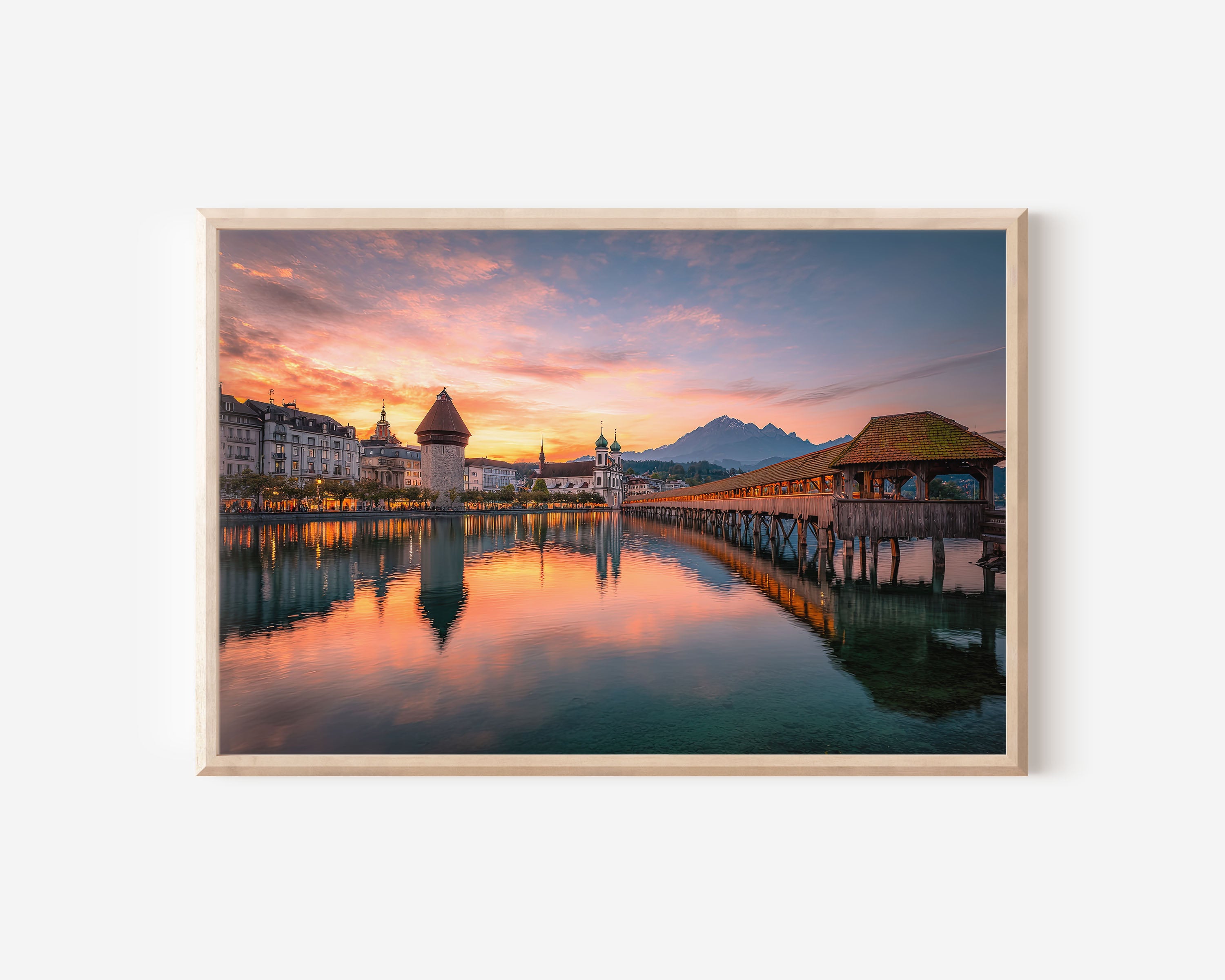 Lucerne Chapel Bridge Sunset Wall Art Print – Swiss Lake Reflection