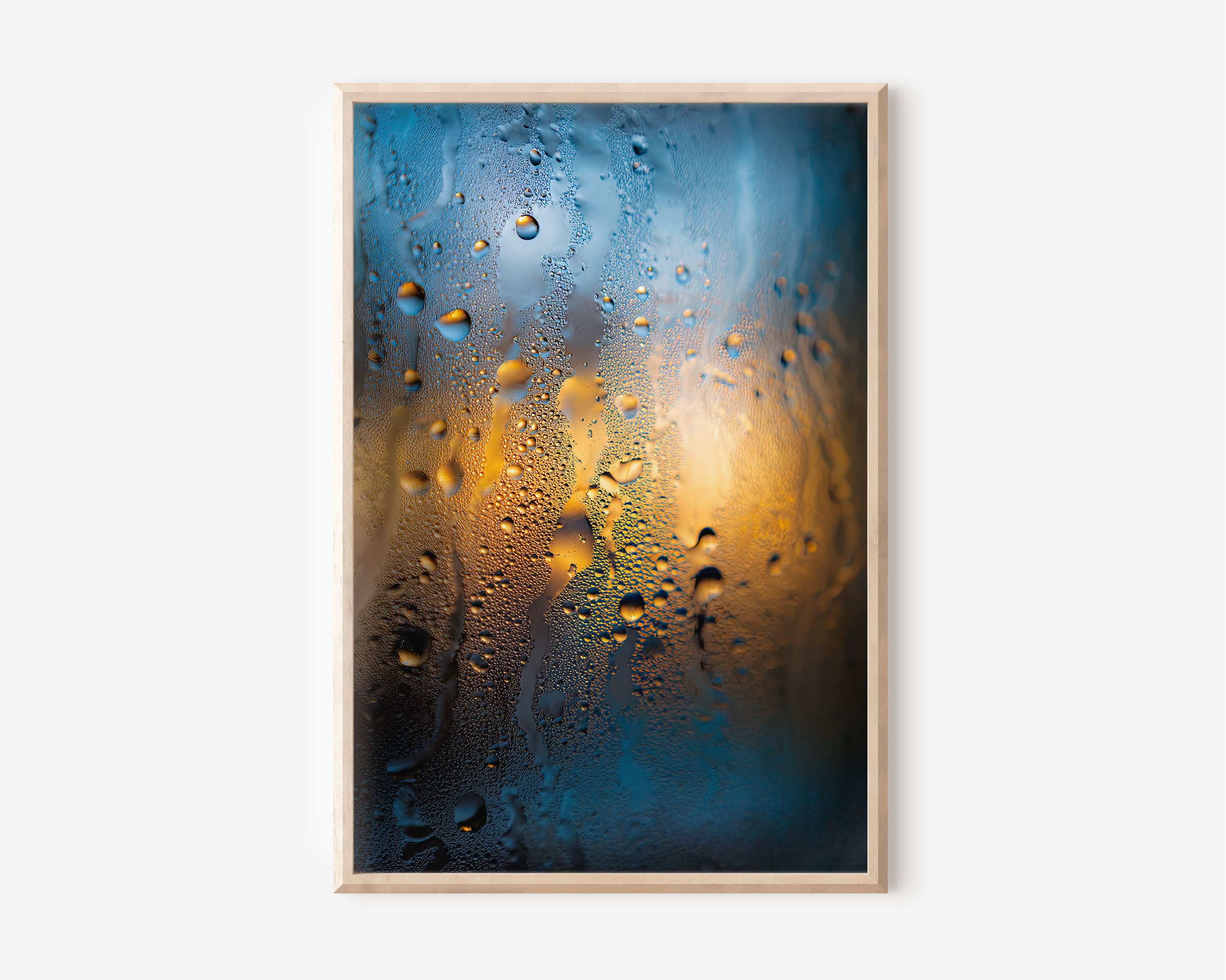 Macro Abstract Condensation Droplets Blue and Gold on Glass Wall Art Print | Abstract Water Texture Photography Poster | Modern Contemporary Art Decor