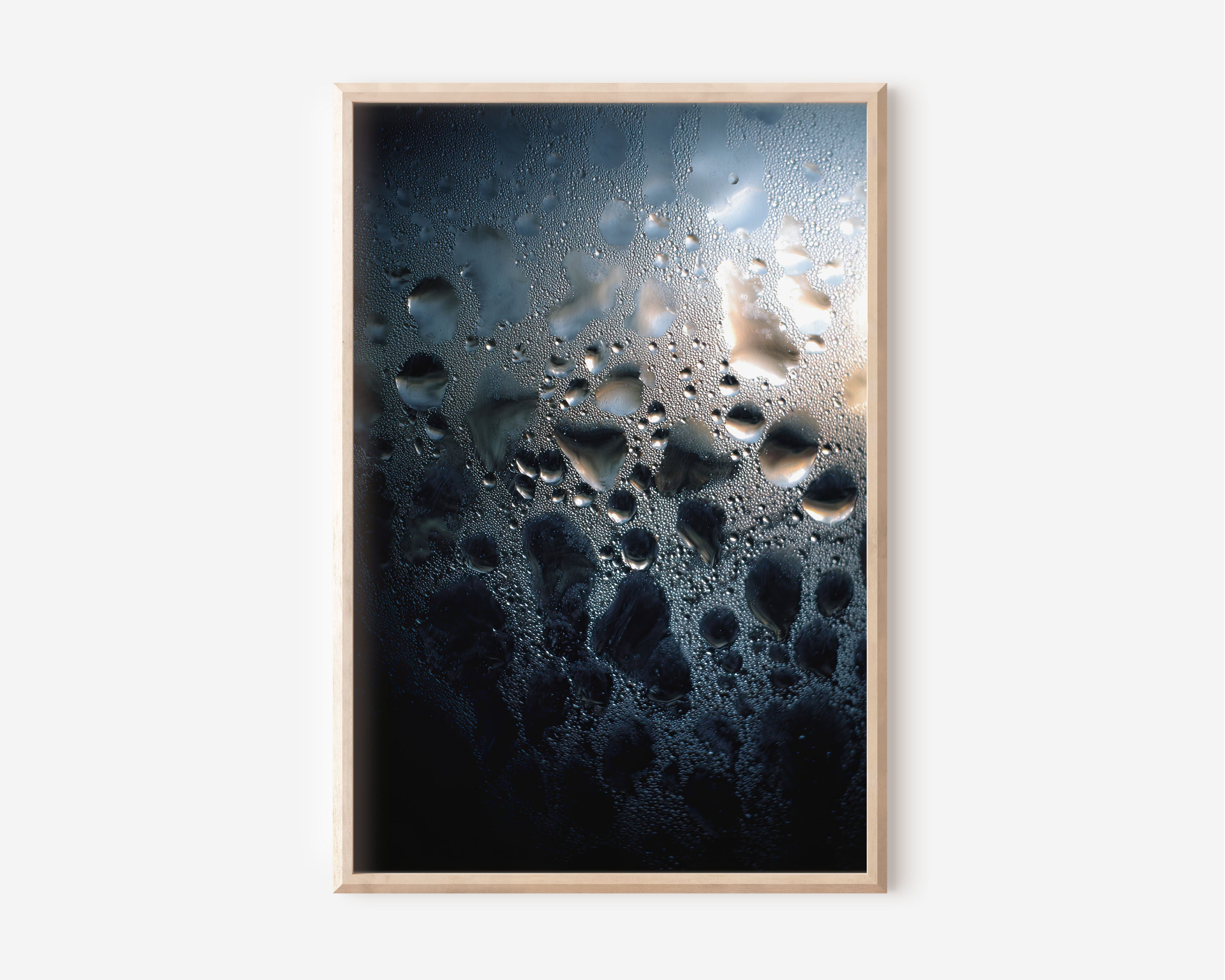 Macro Abstract Condensation Droplets on Glass Dark Blue Wall Art Print | Moody Water Texture Photography Poster | Modern Abstract Decor