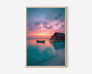 Maldives Overwater Bungalow Sunset Turquoise Lagoon Wooden Boat Wall Art Print | Maldives Travel Photography Poster | Luxury Tropical Decor