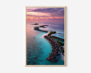 Maldives Turquoise Lagoon Aerial Sunrise Overwater Bungalows Wall Art Print | Maldives Resort Photography Poster | Luxury Island Travel Decor