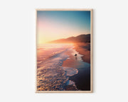 Malibu Sunset Surfer Walking Along Beach Golden Hour California Wall Art Print | Coastal Surf Photography Poster | Beach Nature Decor