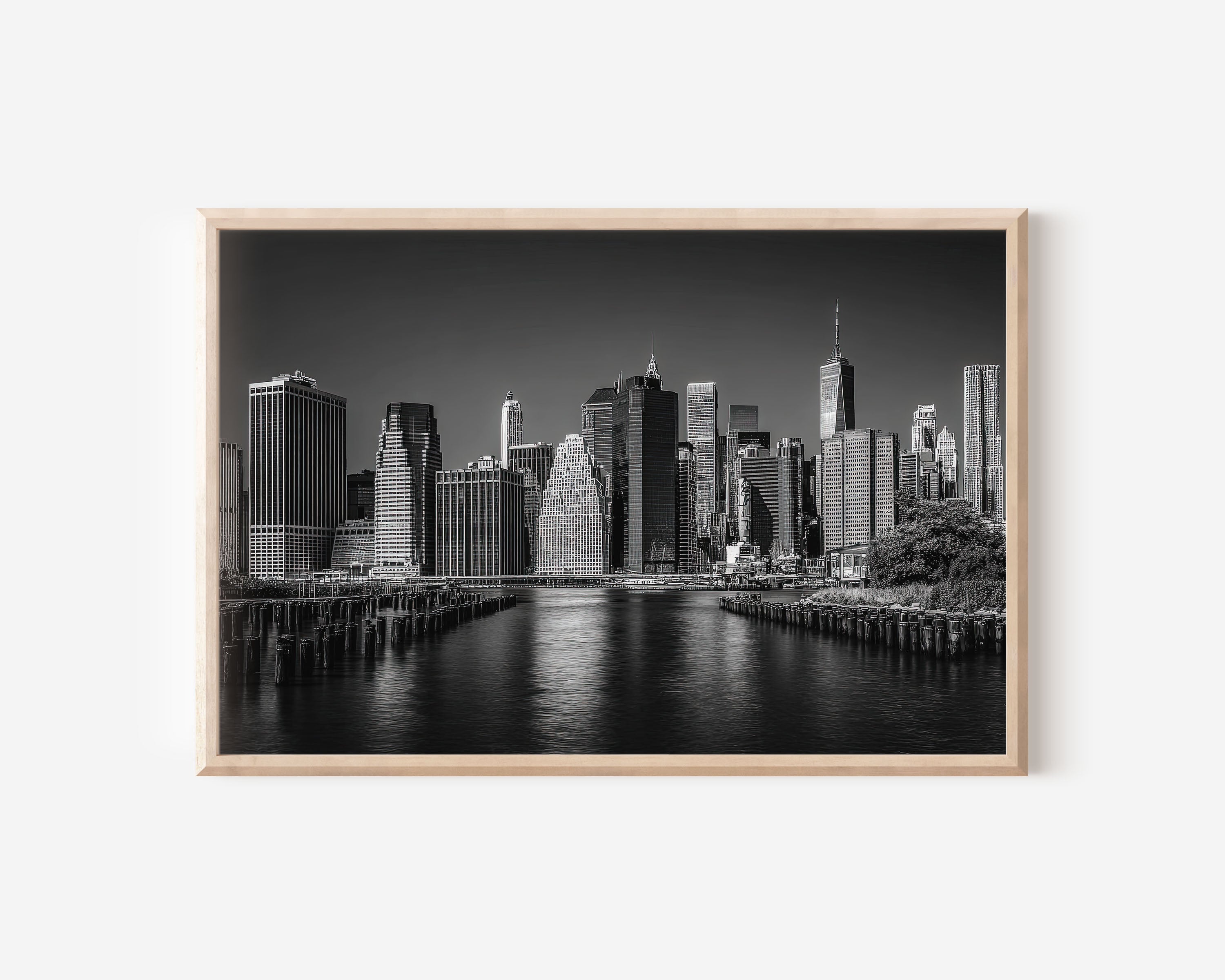 Manhattan Skyline Waterfront Black & White Wall Art Print