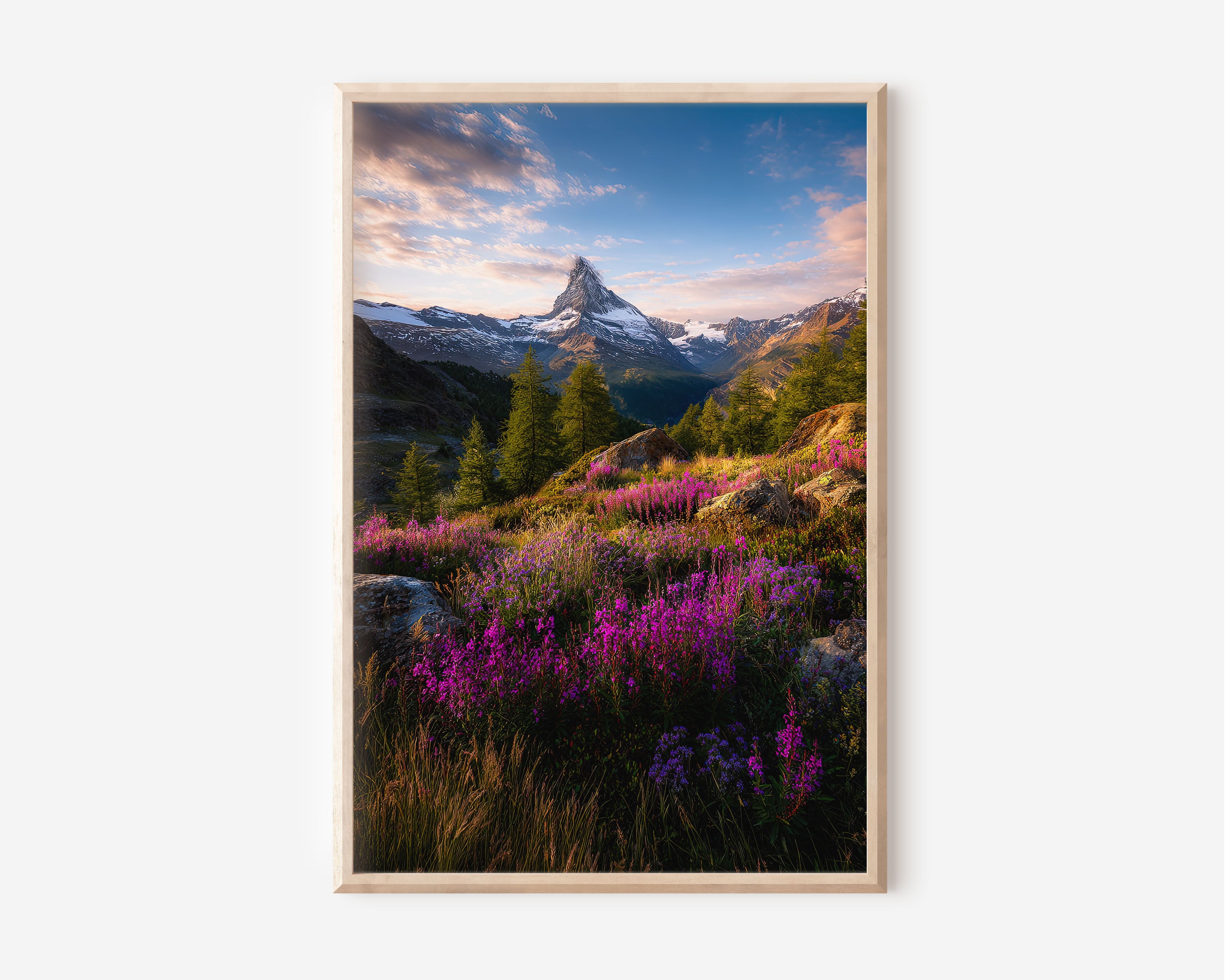 Matterhorn Wildflower Meadow Wall Art Print | Zermatt Switzerland Photography | Alpine Flowers Purple Heather Sunset Poster