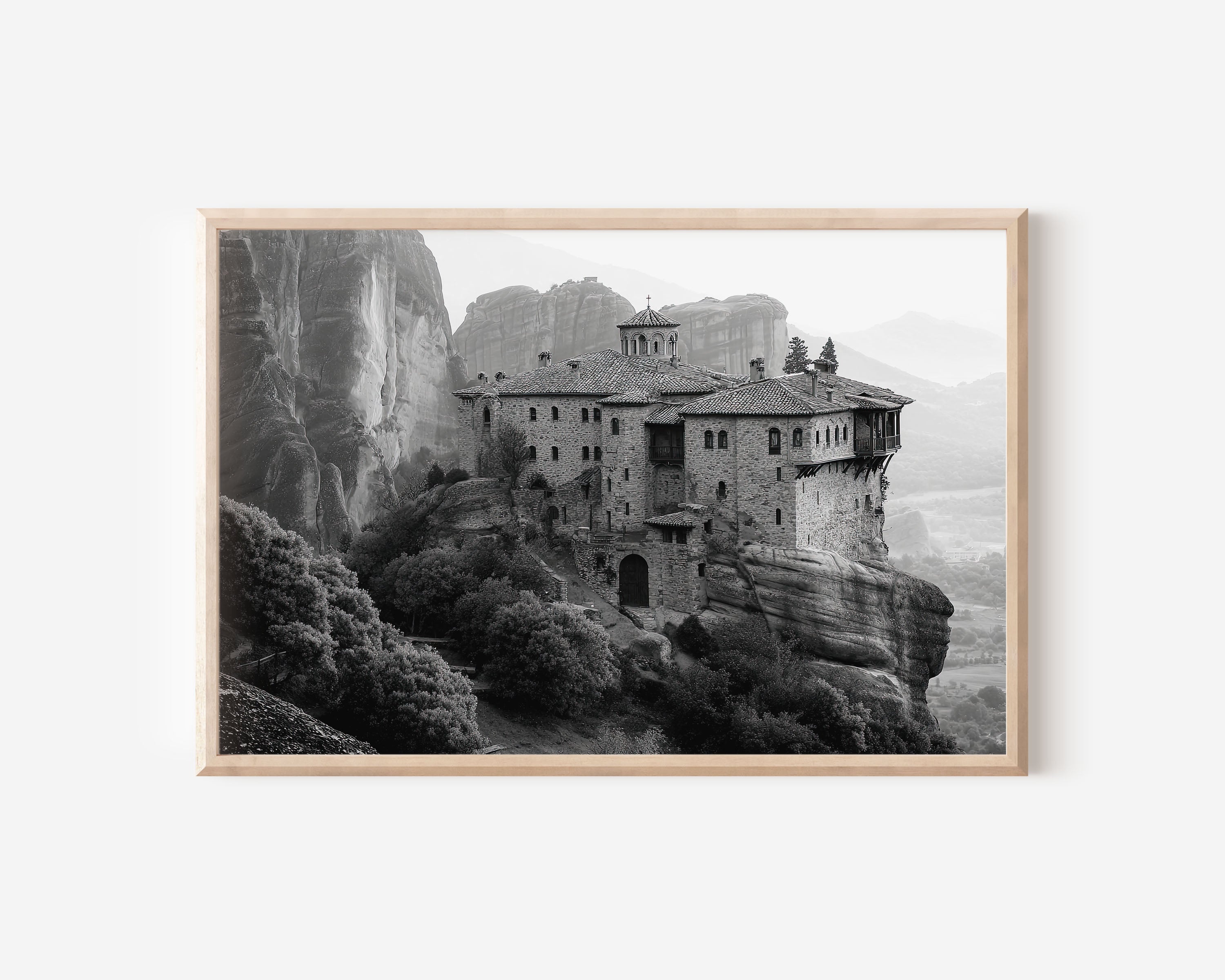 Meteora Greece Black & White Wall Art Print