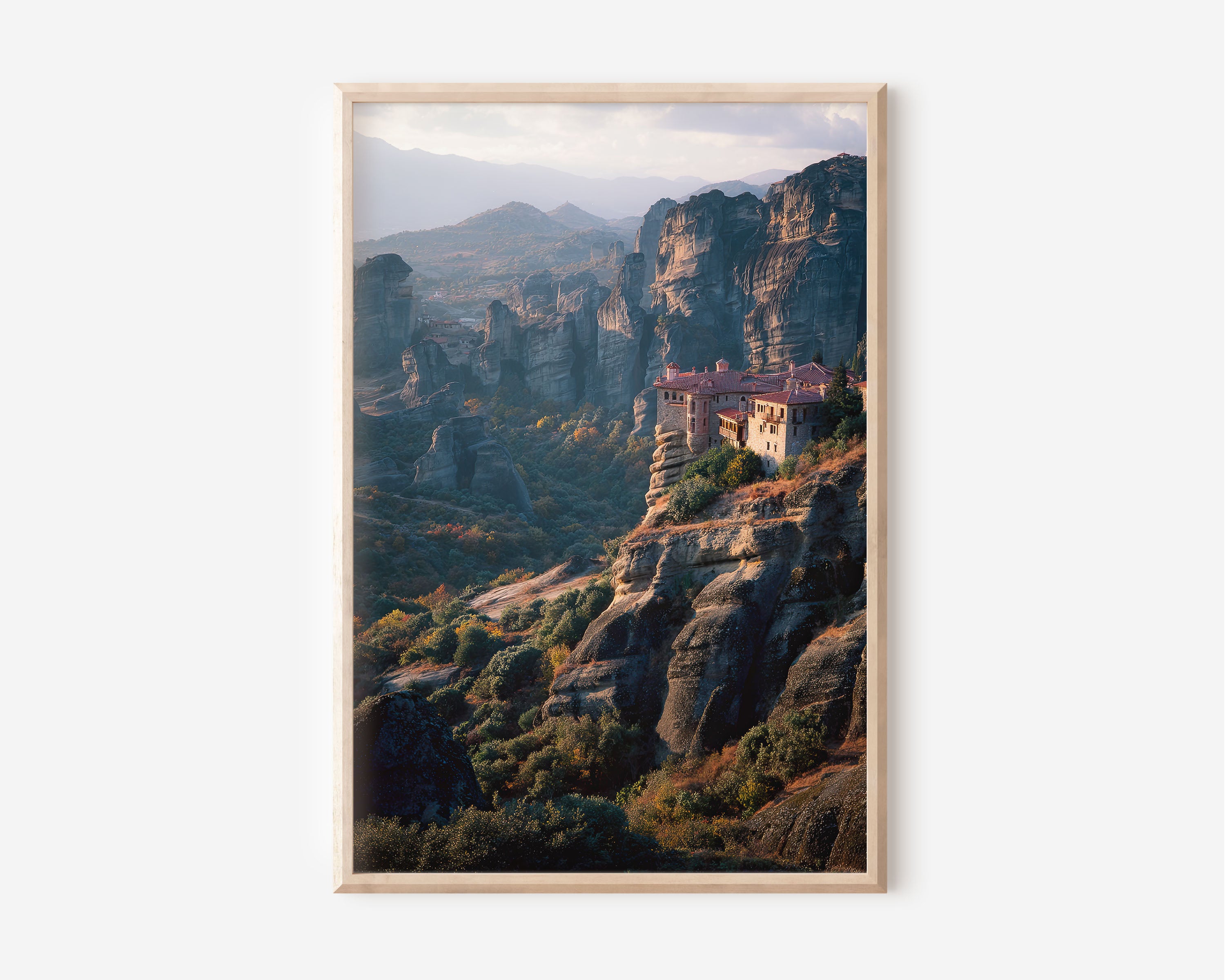 Meteora Monastery Autumn Wall Art Print | Greece Roussanou Rock Pillar Sunset Photography | Greek Travel Poster | Dramatic Nature Home Decor