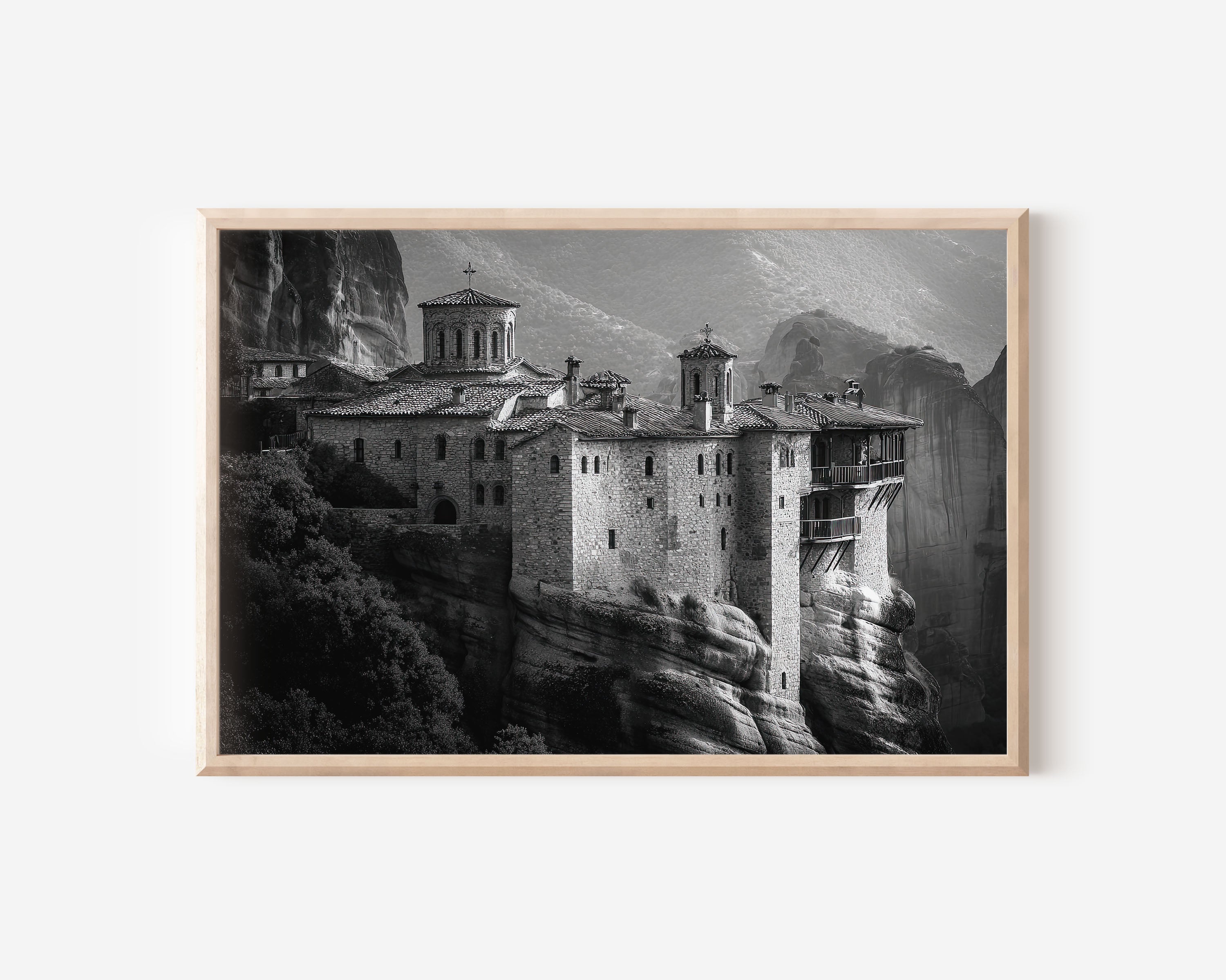 Meteora Greece Black & White Canvas Wall Art Print