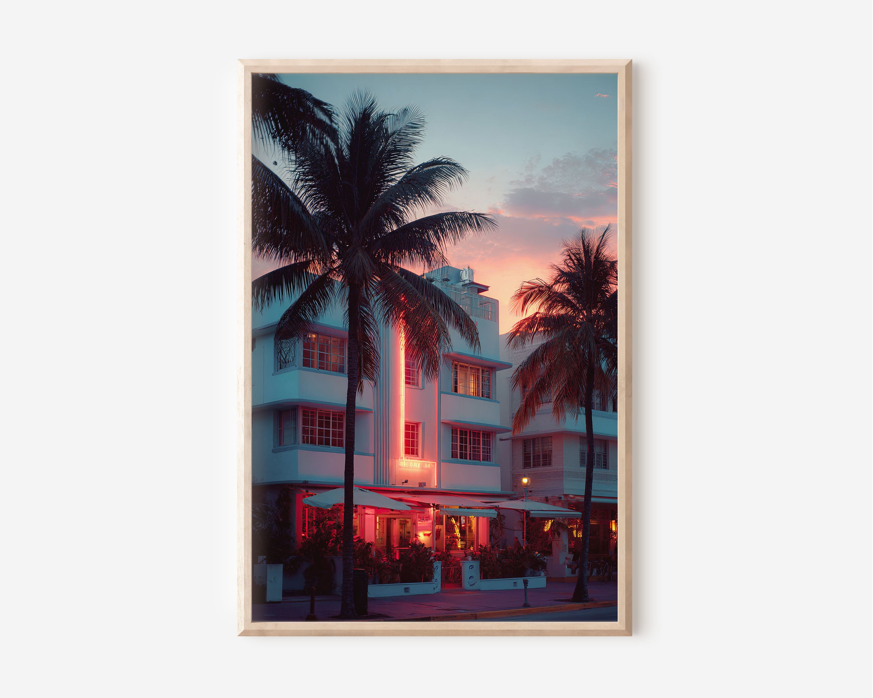Miami Ocean Drive Neon Hotel Wall Art | Palm Tree Sunset Canvas Print