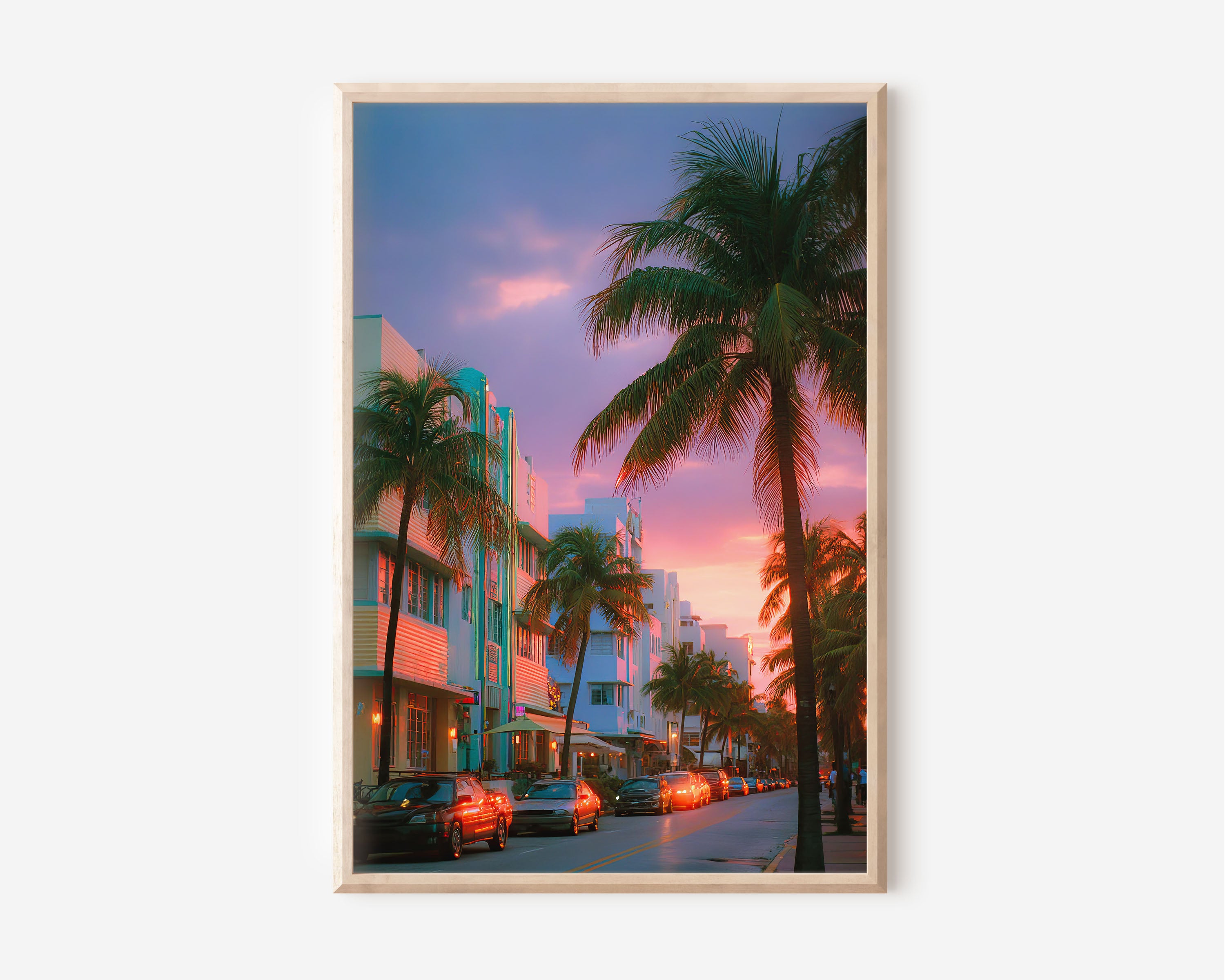 Miami Ocean Drive Sunset Palm Street Wall Art | Art Deco Coastal Print