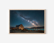 Milky Way Over Lake Church Wall Art – Starry Night Chapel Landscape