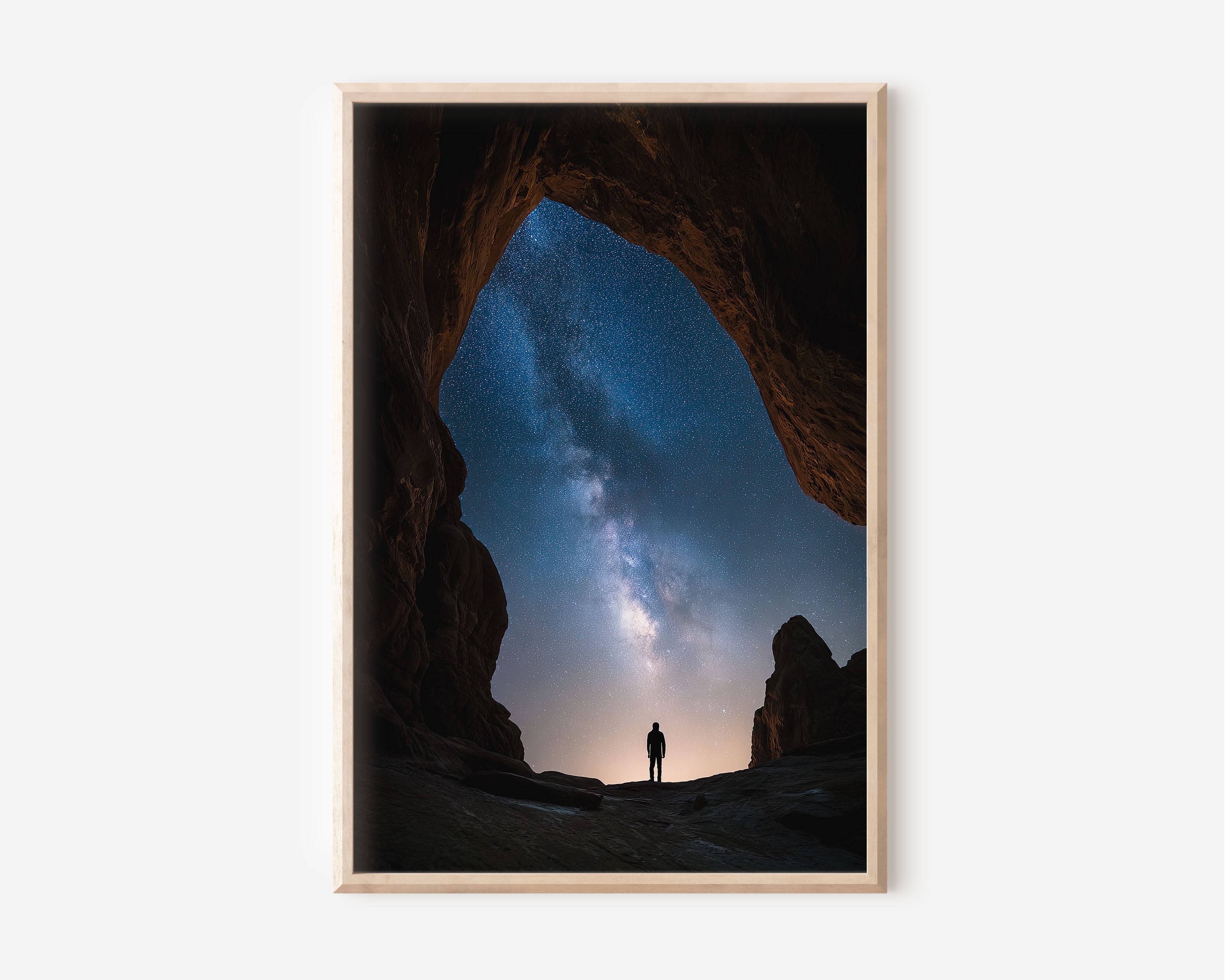 Milky Way Rock Arch Silhouette Wall Art Print | Night Sky Star Gazing Photography | Galaxy Cave Figure Poster