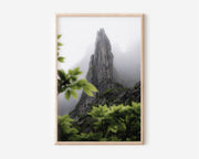 Misty Rock Spire Through Leaves Wall Art Print | Norway Lofoten Foggy Mountain Photography | Dramatic Peak Green Forest Poster
