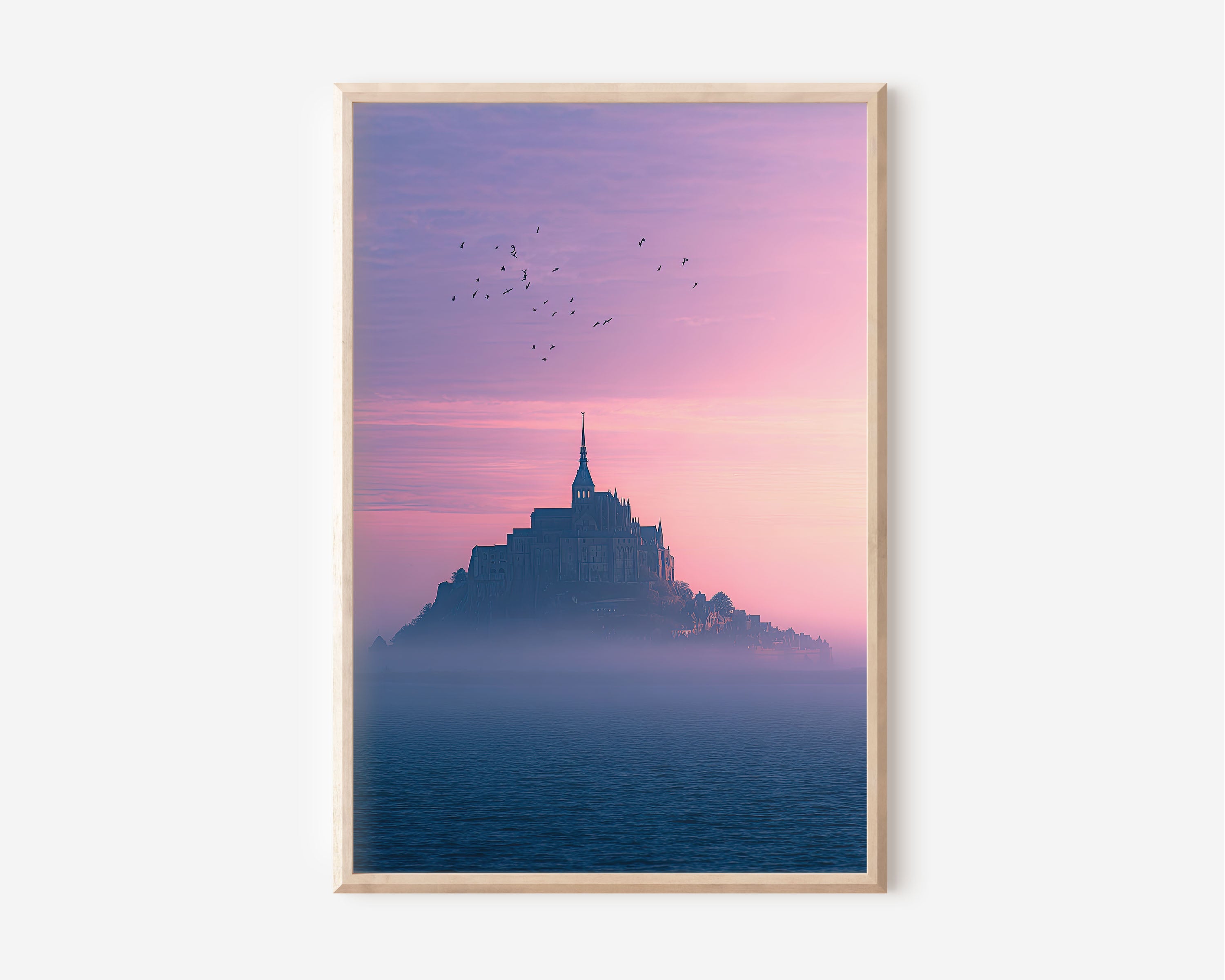 Mont Saint-Michel France Print | Pink Sunset Foggy Castle Wall Art | Normandy Travel Photography