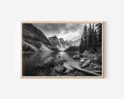 Moraine Lake Black and White Wall Art Print – Mountain Landscape Canvas