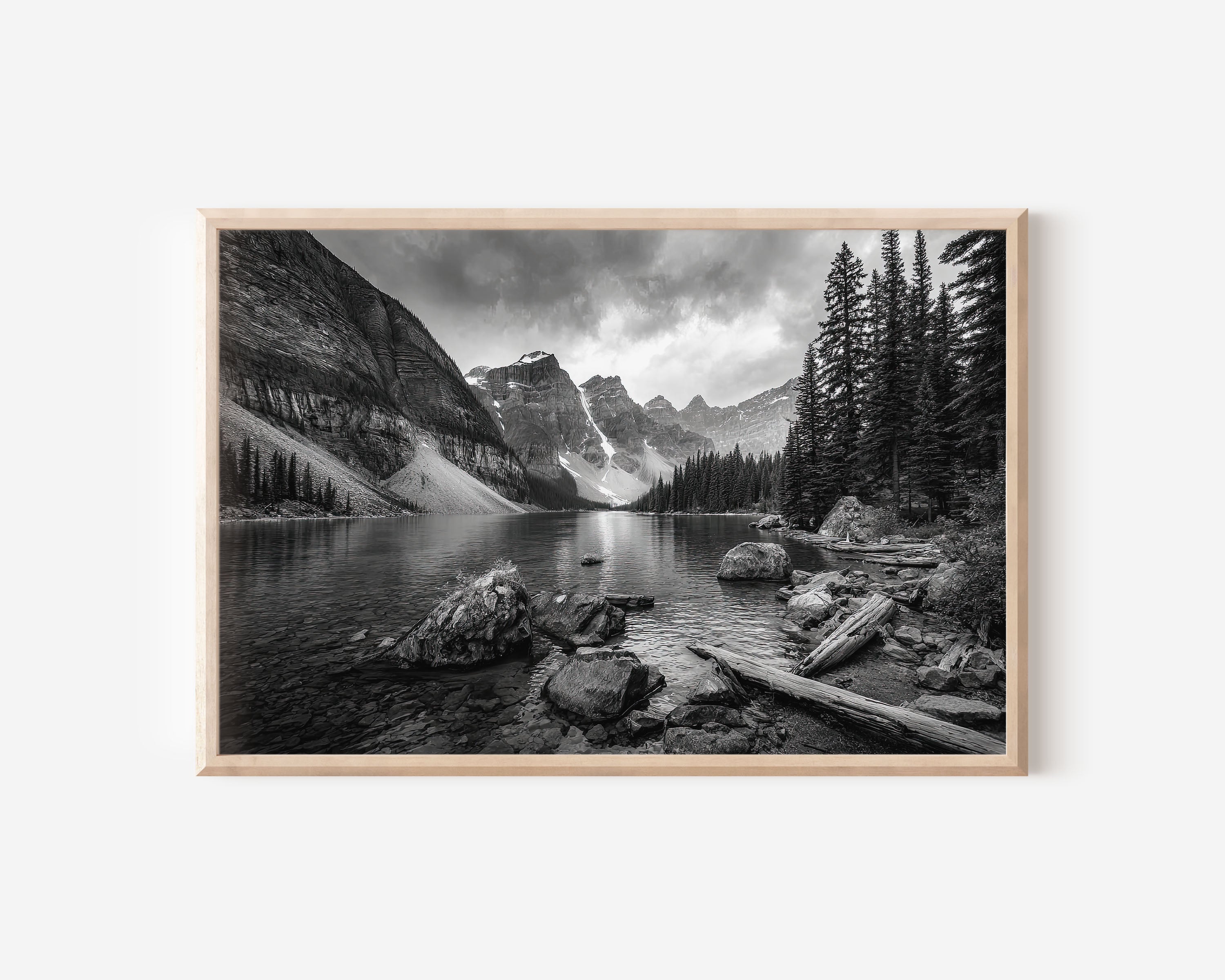 Moraine Lake Black and White Wall Art Print – Mountain Landscape Canvas