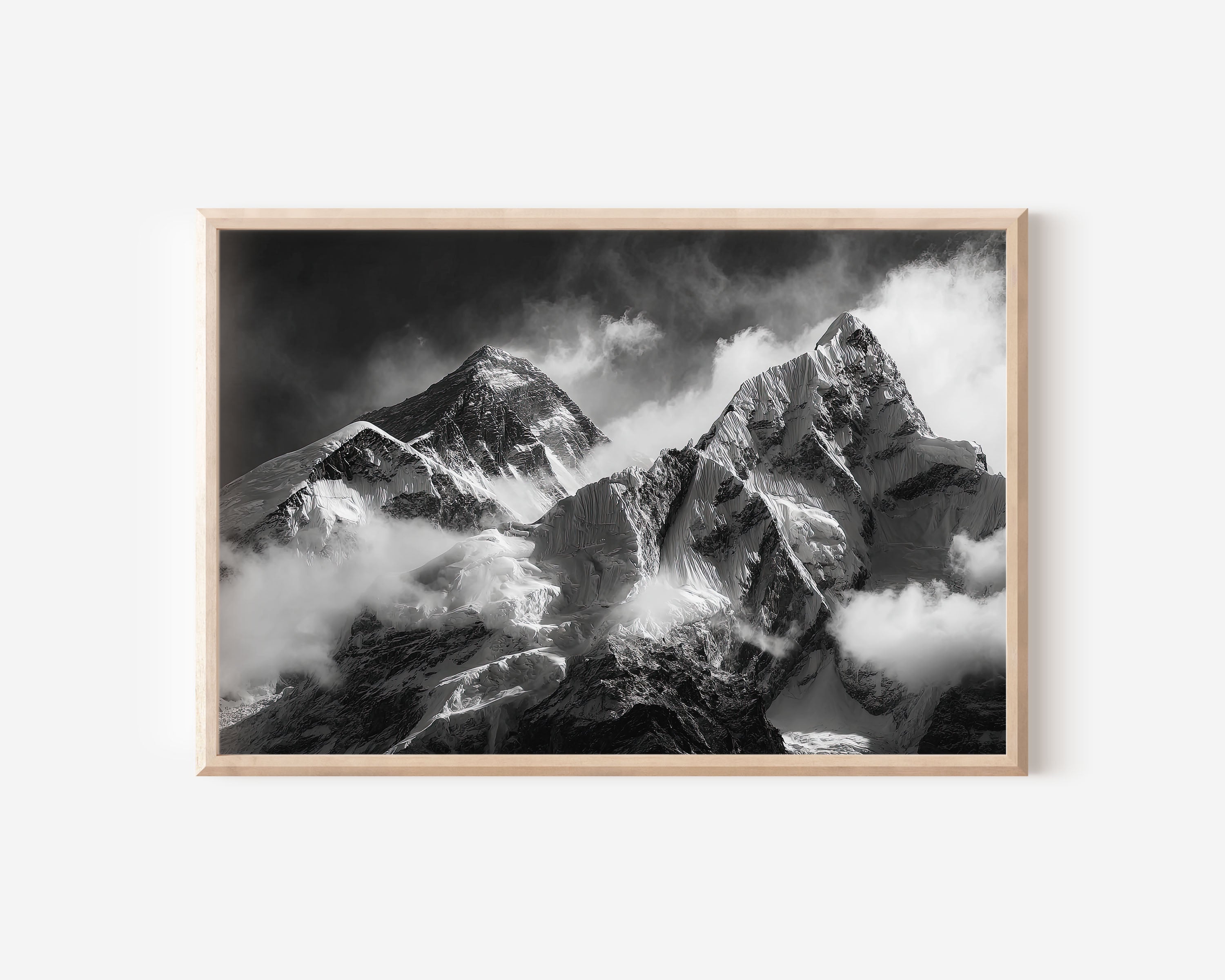 Mount Everest Black and White Wall Art Print – Himalayan Mountain Canvas