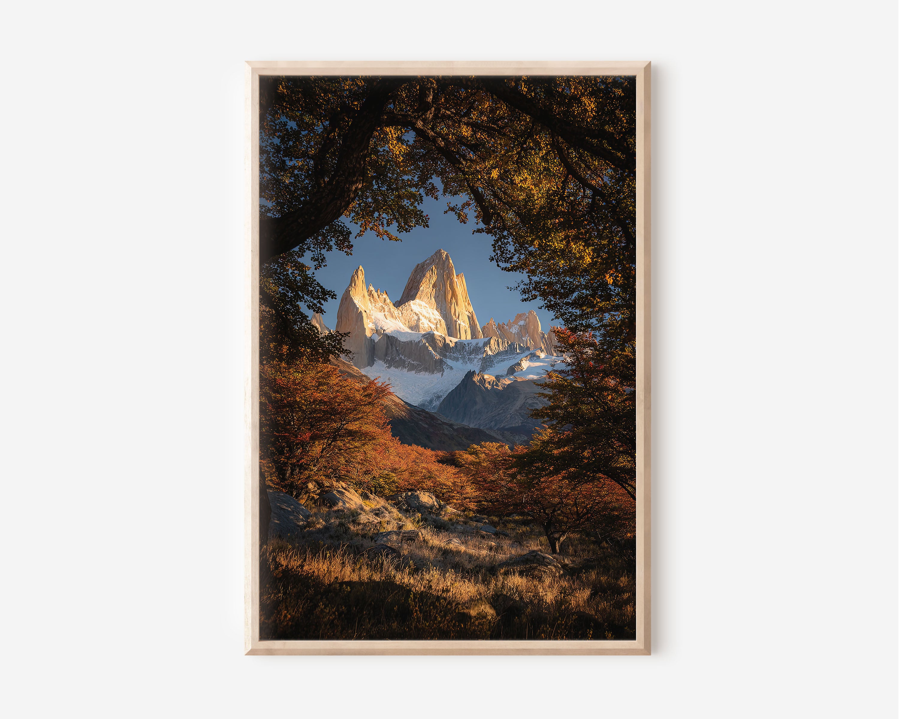 Mount Fitz Roy Autumn Canopy Print | Patagonia Fall Foliage Wall Art | El Chaltén Golden Lenga Forest Landscape Photography Poster