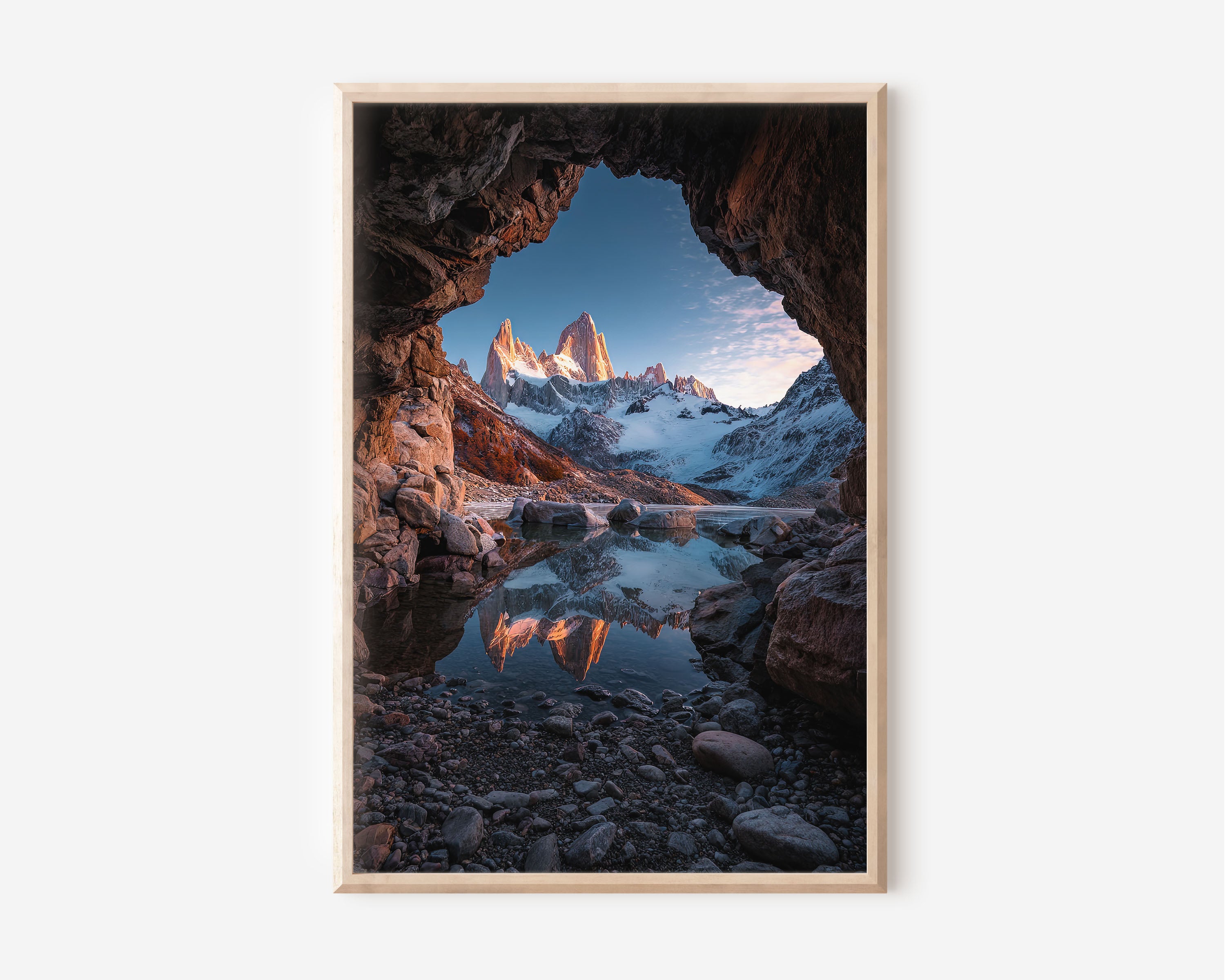 Mount Fitz Roy Cave Frame Reflection Print | Patagonia Rock Cave Wall Art | El Chaltén Alpine Lake Sunrise Landscape Photography Poster