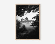 Mount Fitz Roy Black and White Print | Patagonia Monochrome Wall Art | Misty Forest Mountain Landscape Photography Poster
