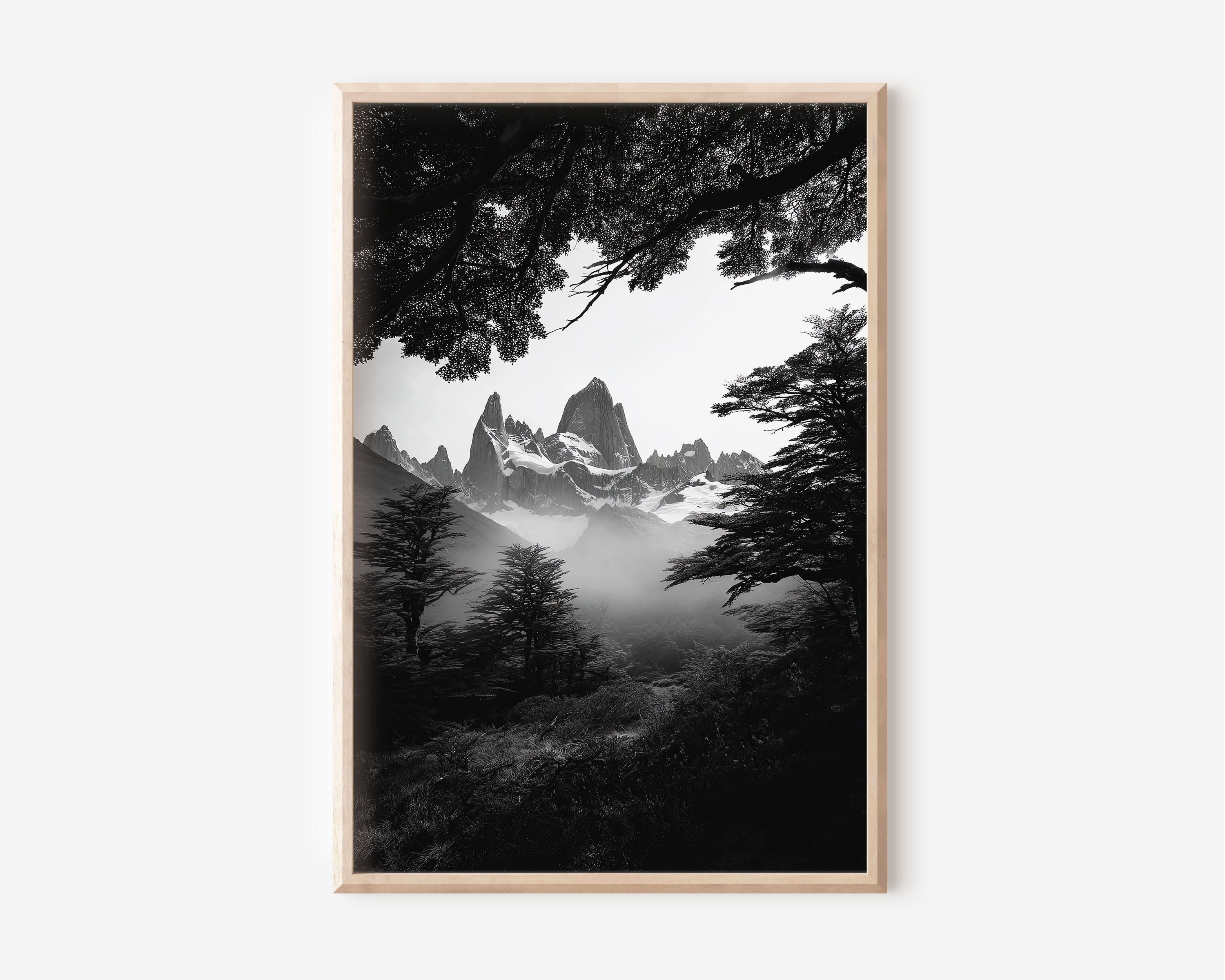 Mount Fitz Roy Black and White Print | Patagonia Monochrome Wall Art | Misty Forest Mountain Landscape Photography Poster
