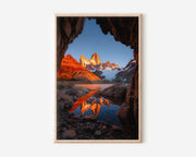 Mount Fitz Roy Fiery Sunrise Cave Reflection Print | Patagonia Alpenglow Wall Art | El Chaltén Rock Arch Lake Landscape Photography Poster