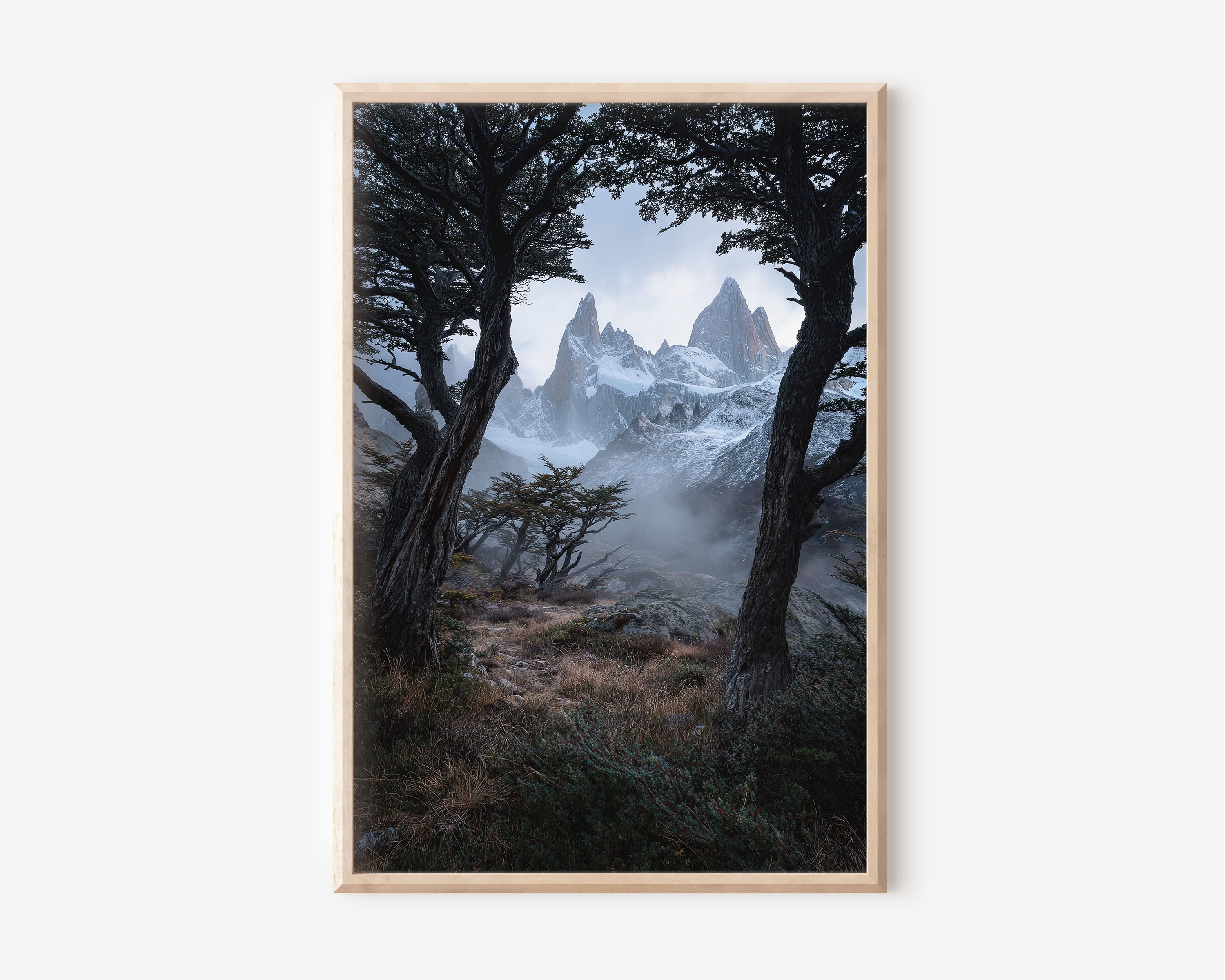 Mount Fitz Roy Winter Storm Print | Patagonia Dark Moody Wall Art | El Chaltén Twisted Trees Fog Landscape Photography Poster