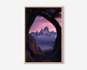 Mount Fitz Roy Pink Sunset Tree Arch Print | Patagonia Rose Sky Wall Art | El Chaltén Natural Frame Landscape Photography Poster