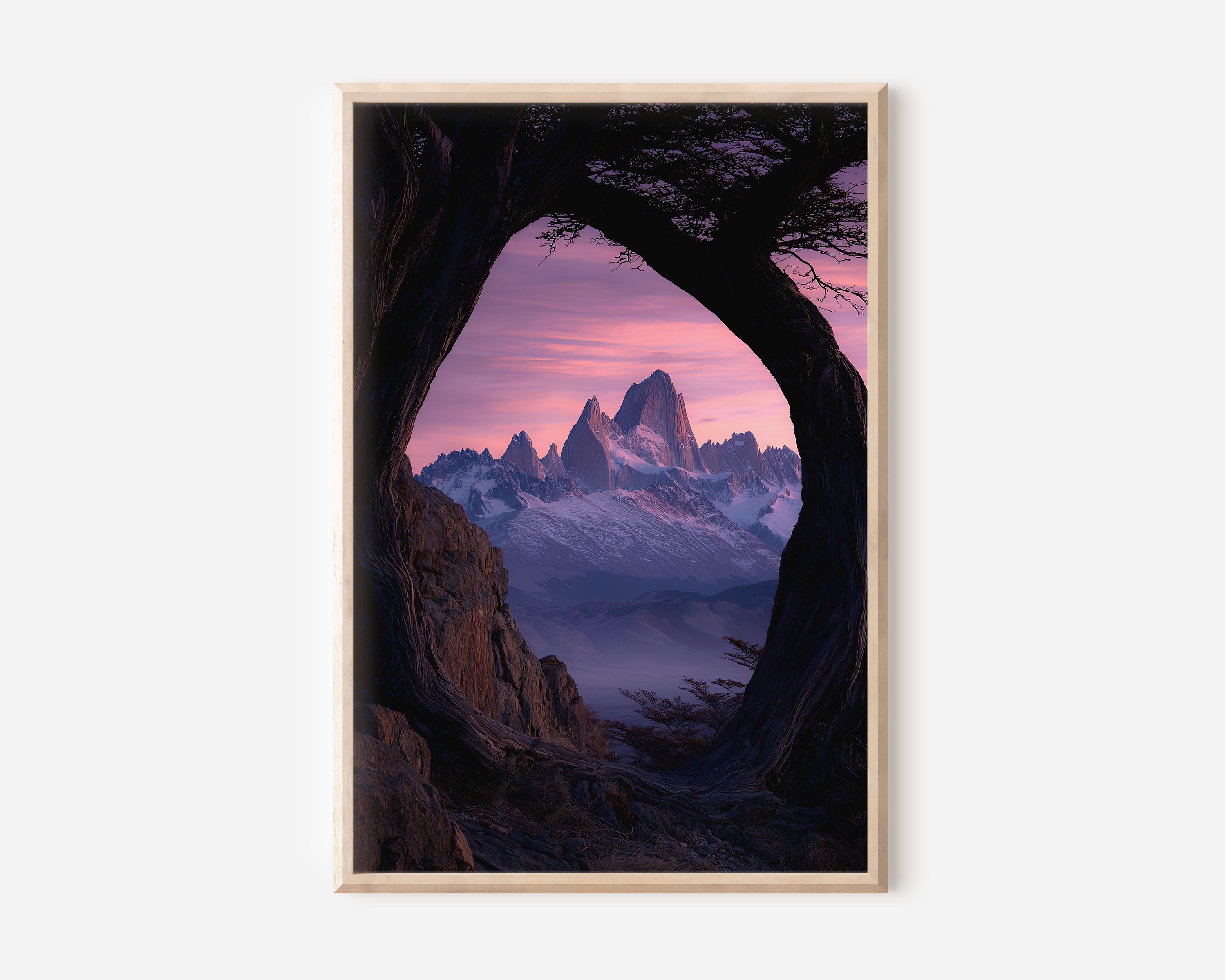 Mount Fitz Roy Pink Sunset Tree Arch Print | Patagonia Rose Sky Wall Art | El Chaltén Natural Frame Landscape Photography Poster