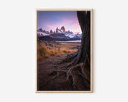 Mount Fitz Roy Twilight Tree Roots Print | Patagonia Purple Sunset Wall Art | El Chaltén Misty Valley Landscape Photography Poster