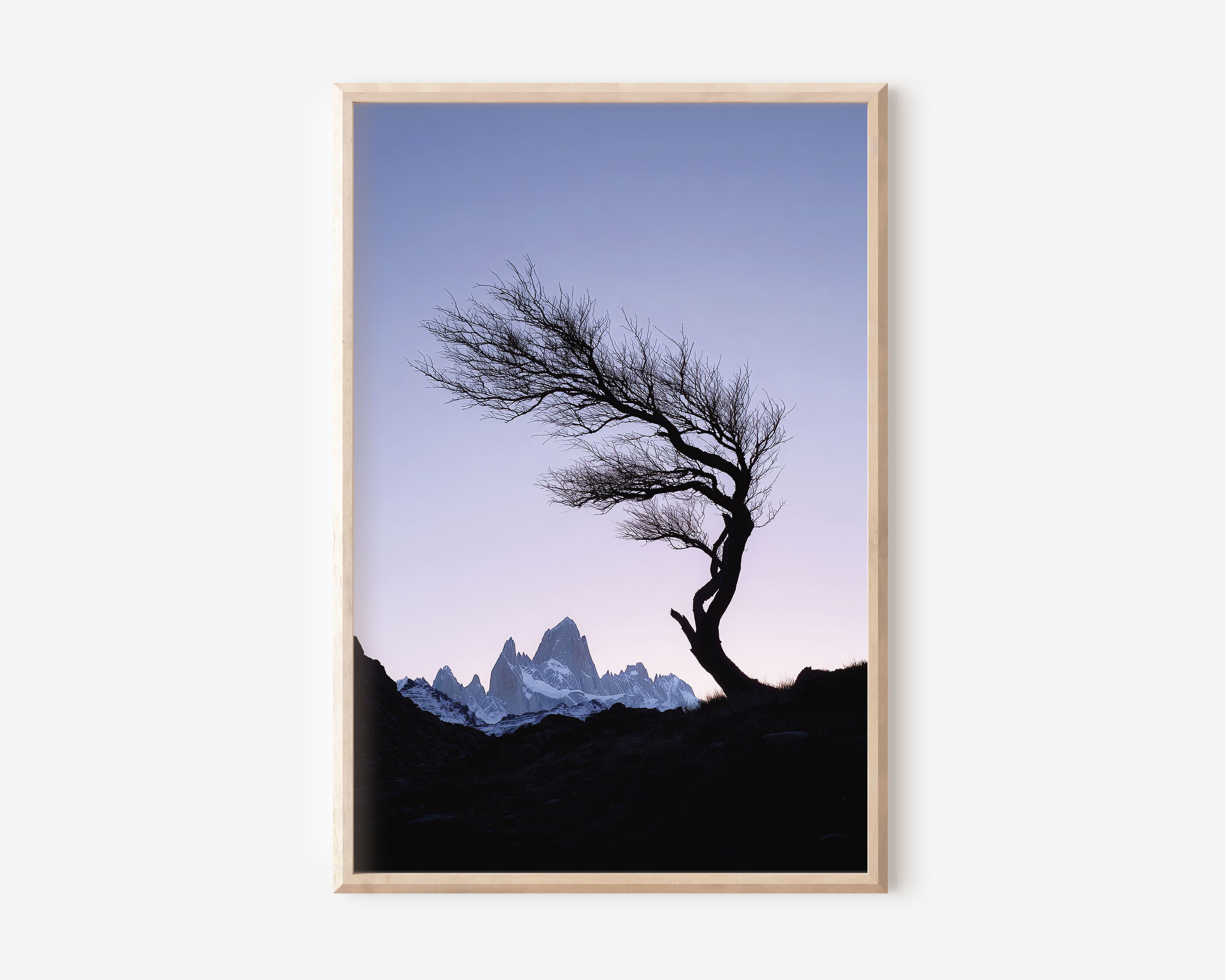 Mount Fitz Roy Dusk Silhouette Print | Patagonia Minimalist Wall Art | Wind Bent Tree Twilight Landscape Photography Poster