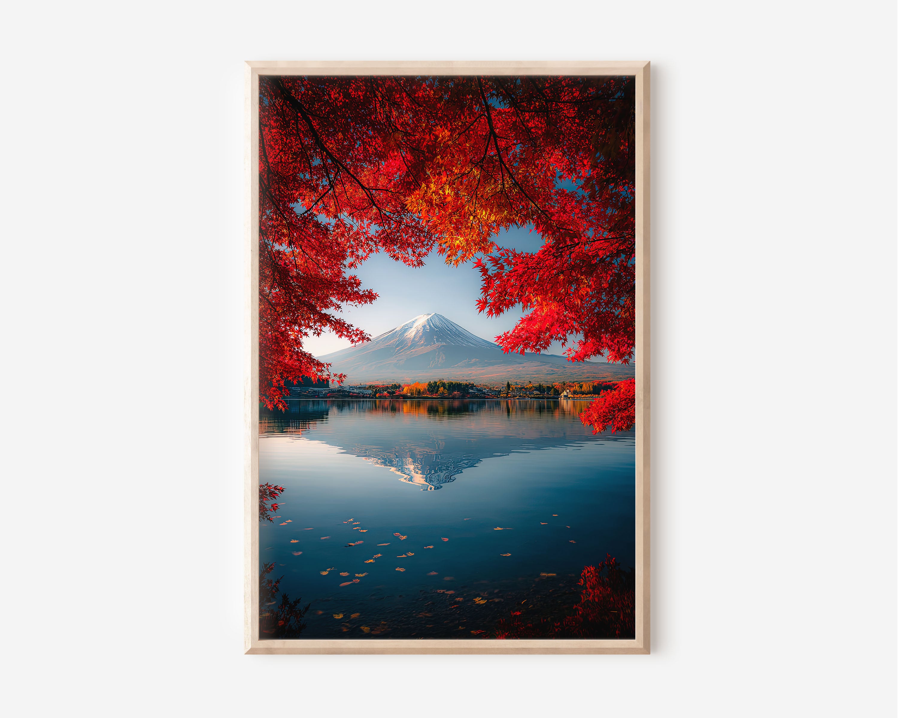 Mount Fuji Red Maple Lake Reflection Wall Art Print | Japan Autumn Kawaguchiko Photography | Fallen Leaves Fuji Poster