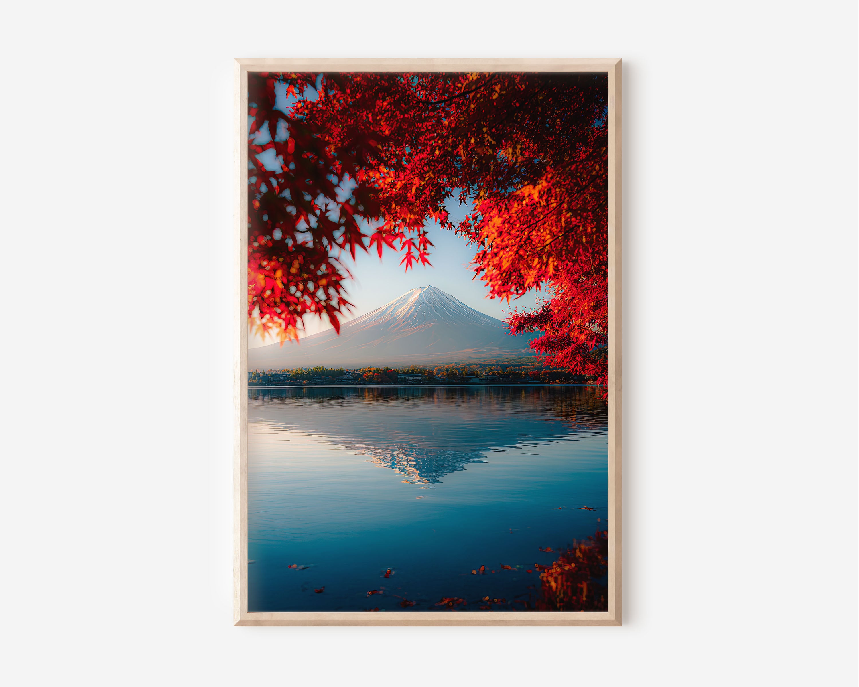 Mount Fuji Maple Bokeh Lake Wall Art Print | Japan Kawaguchiko Autumn Photography | Fuji Reflection Blue Water Poster