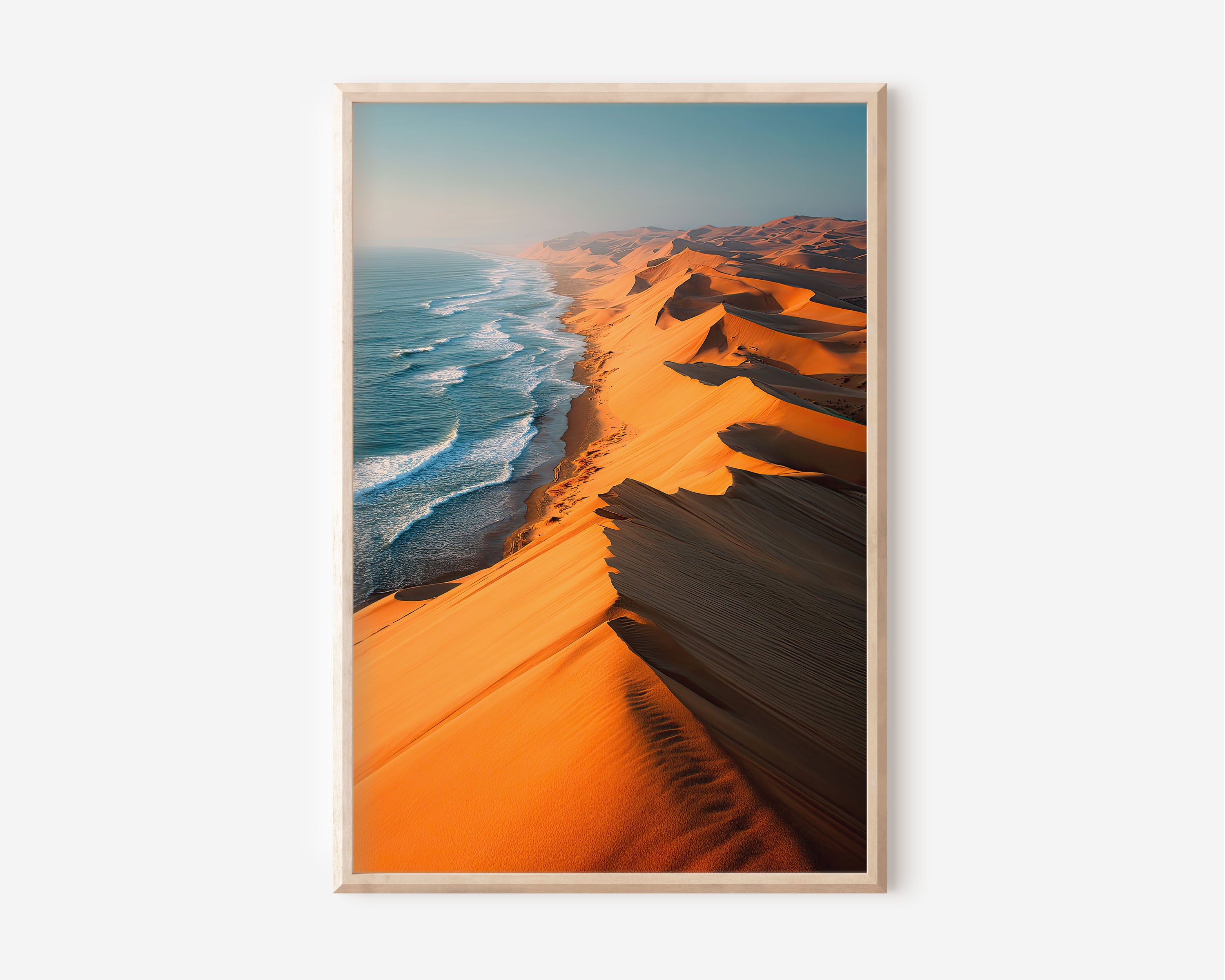 Namibia Sand Dunes Meeting Atlantic Coast Aerial Dawn Wall Art Print | Skeleton Coast Africa Photography Poster | Desert Ocean Landscape Decor