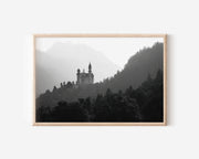 Neuschwanstein Castle Mist Black & White Wall Art Print
