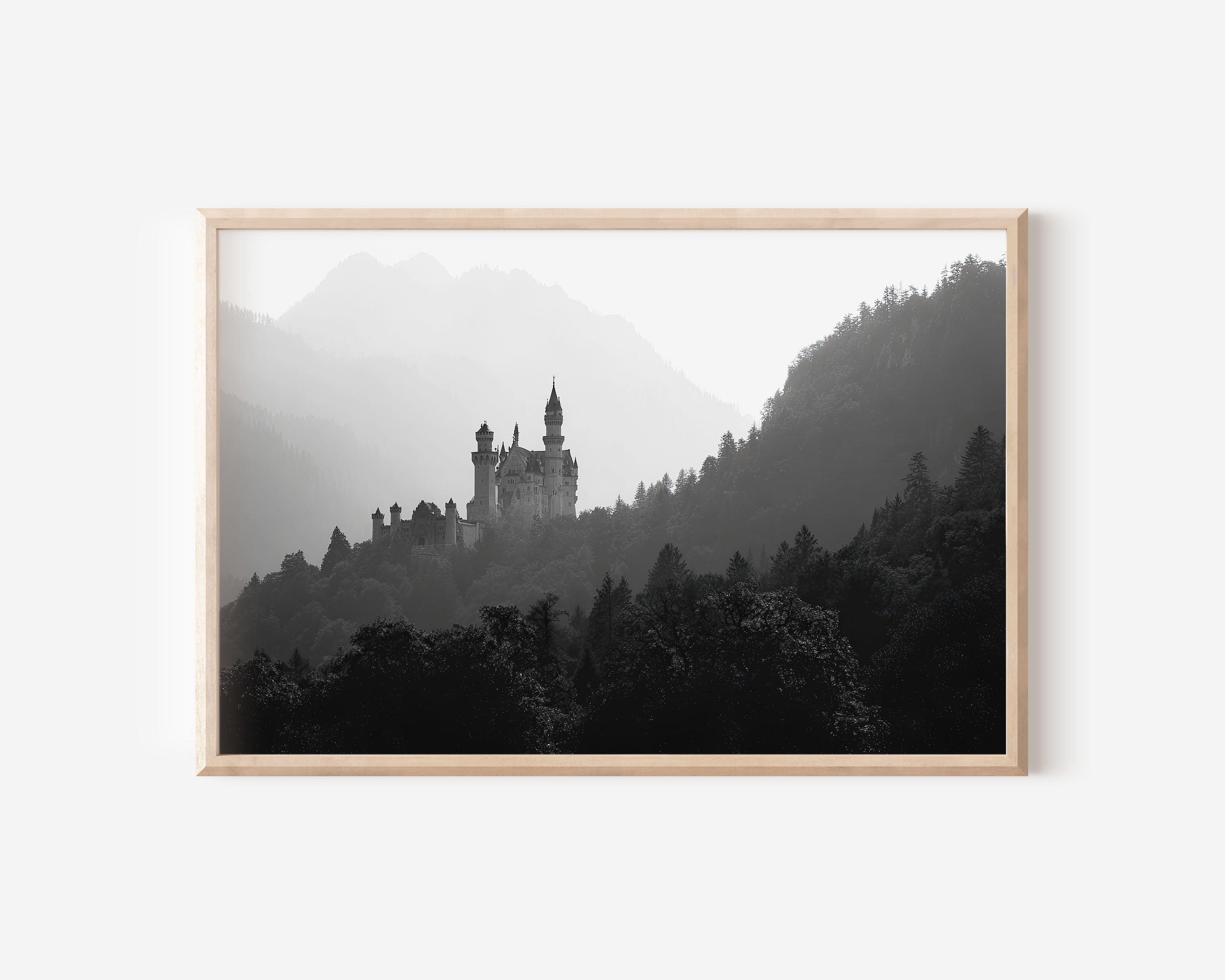 Neuschwanstein Castle Mist Black & White Wall Art Print