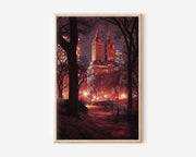 Central Park at Night New York City Wall Art | Manhattan Crimson City Lights Path Print | Moody NYC Travel Photography