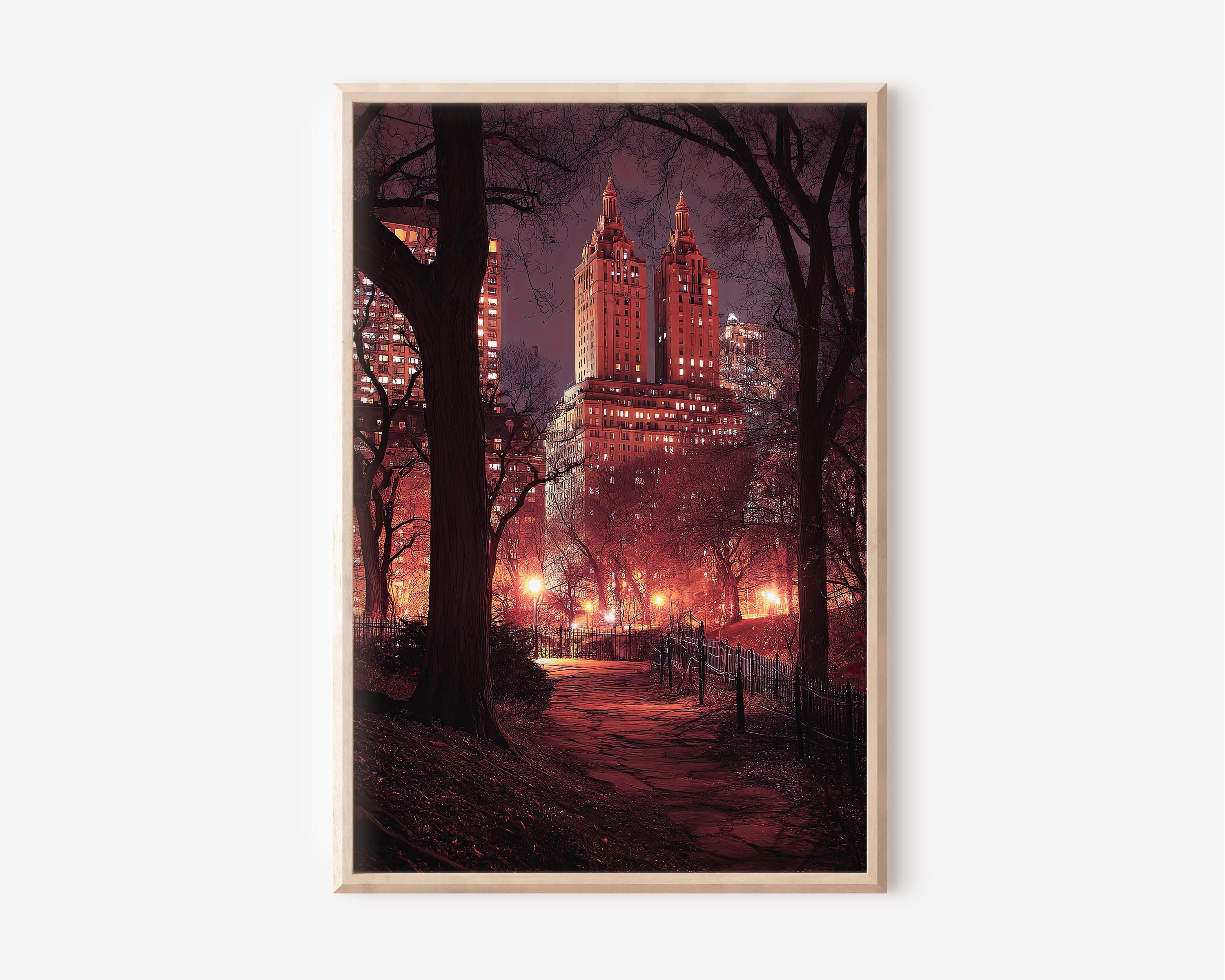 Central Park at Night New York City Wall Art | Manhattan Crimson City Lights Path Print | Moody NYC Travel Photography