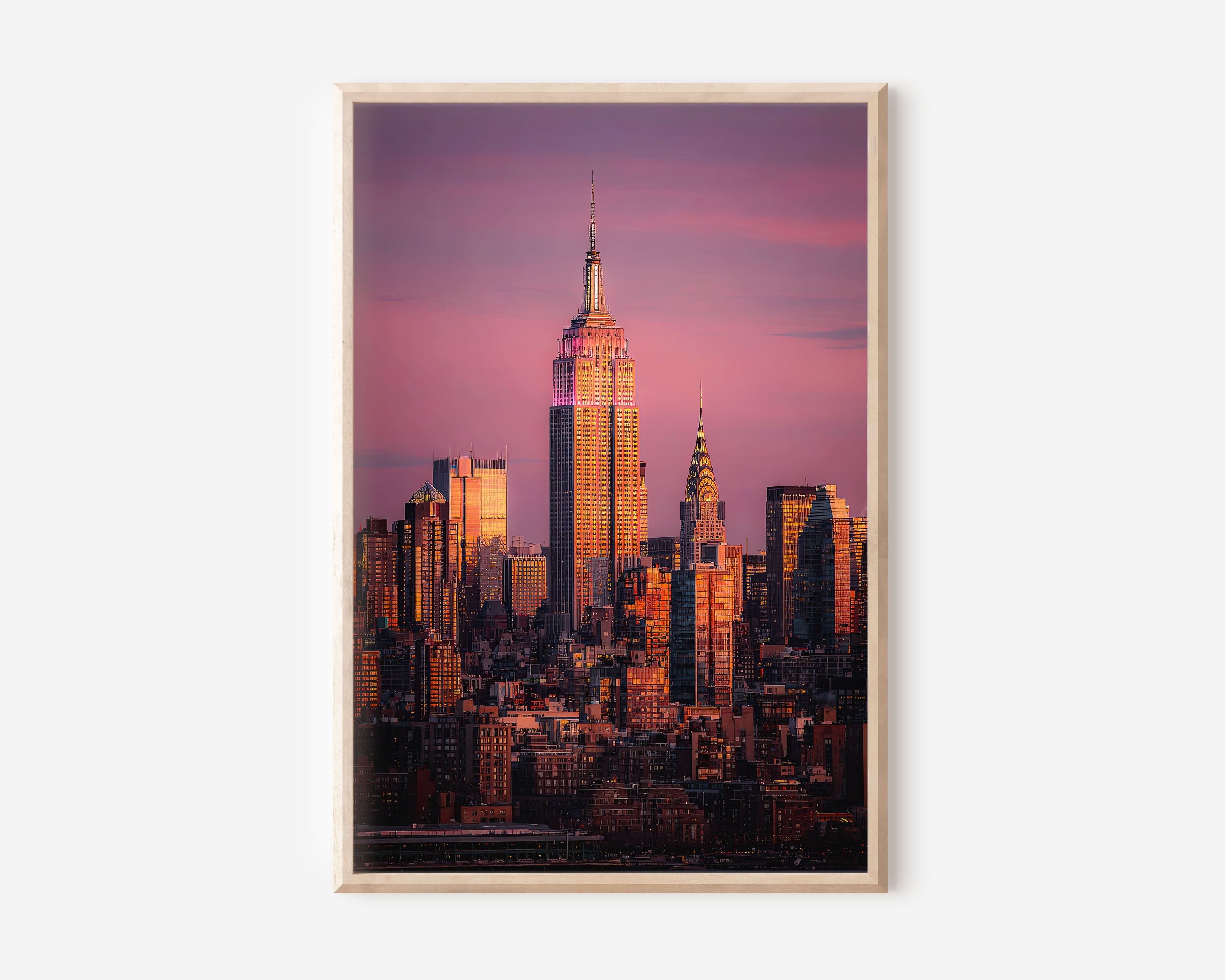 New York City Empire State Building Sunset Wall Art | Chrysler Building Manhattan Skyline Print | Travel Photography Poster