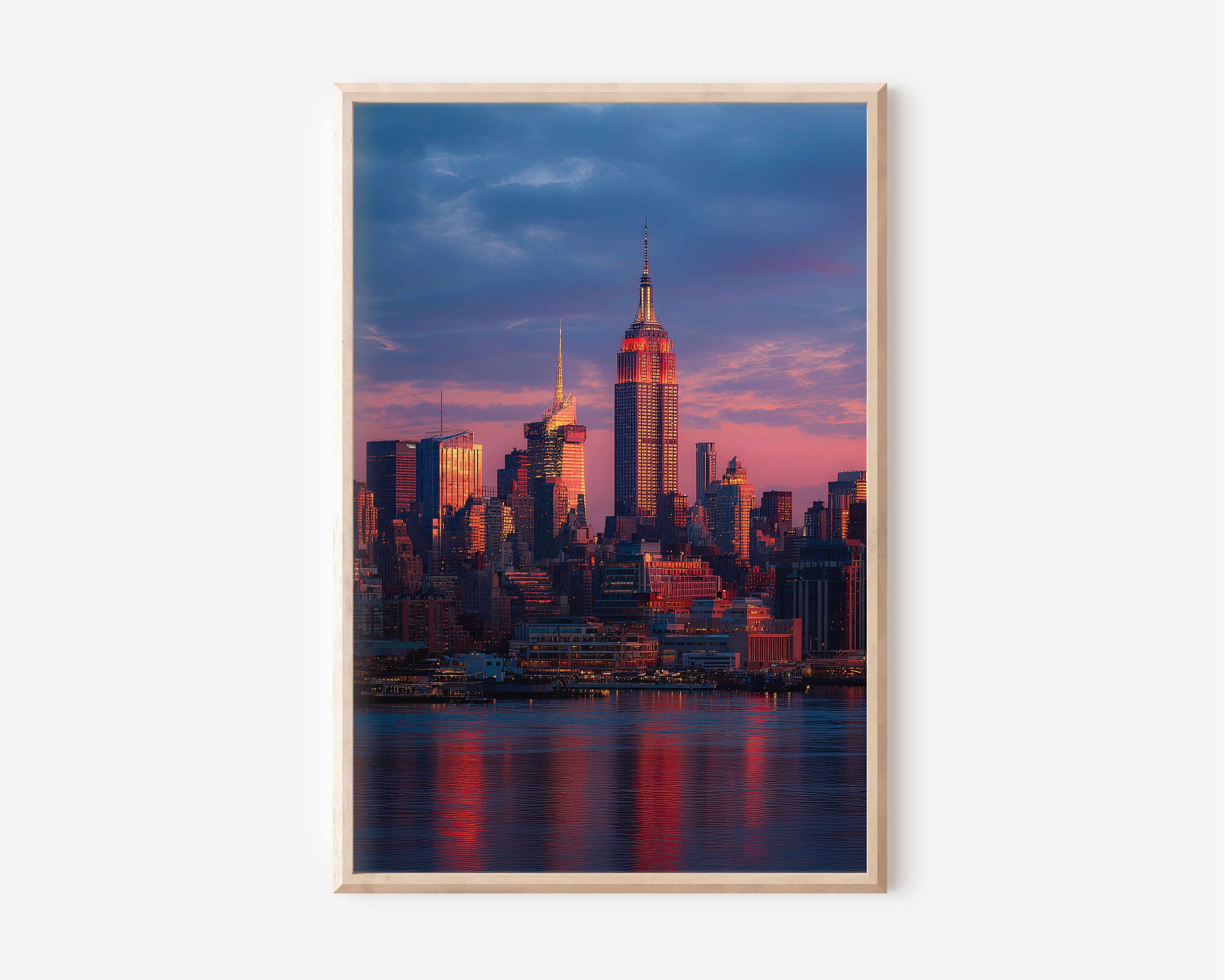New York City Manhattan Skyline Sunset Wall Art | Empire State Building Hudson River Print | Travel Photography Poster