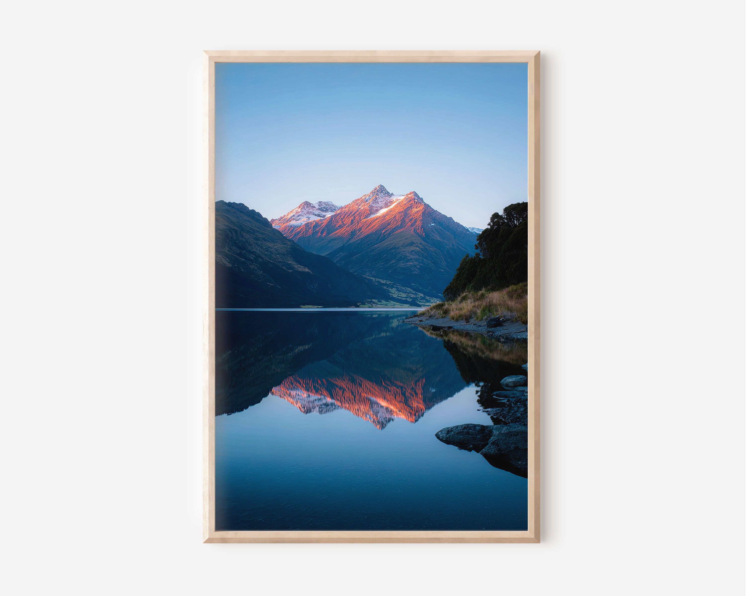 New Zealand Lake Mirror Reflection Sunrise Wall Art Print | Mount Aspiring Alpenglow Photography | Alpine Nature Home Decor