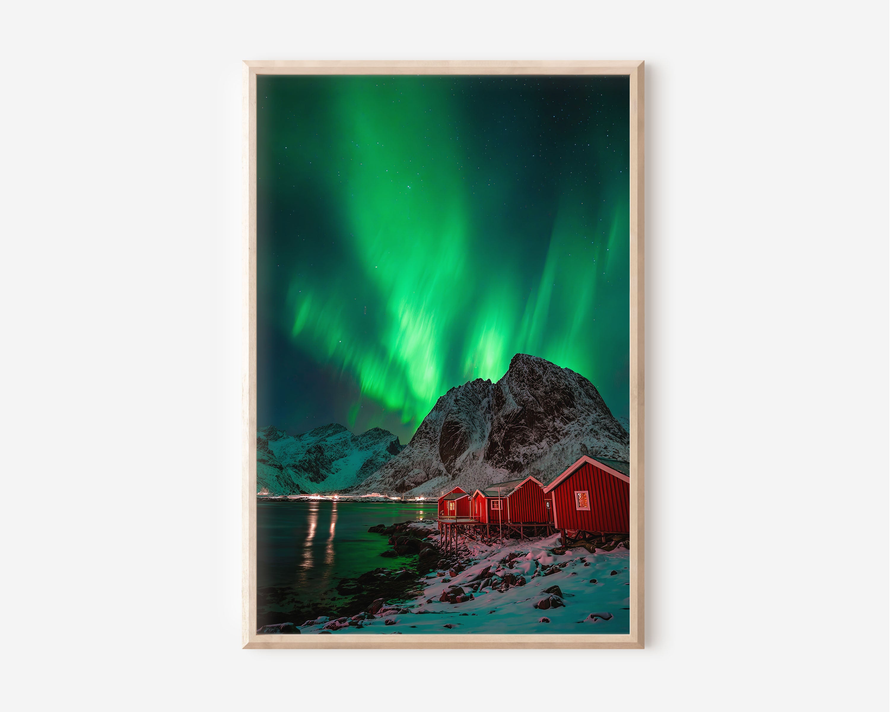 Norway Northern Lights Aurora Borealis Lofoten Wall Art Print | Red Fishing Huts Night Sky Photography | Scandinavian Home Decor
