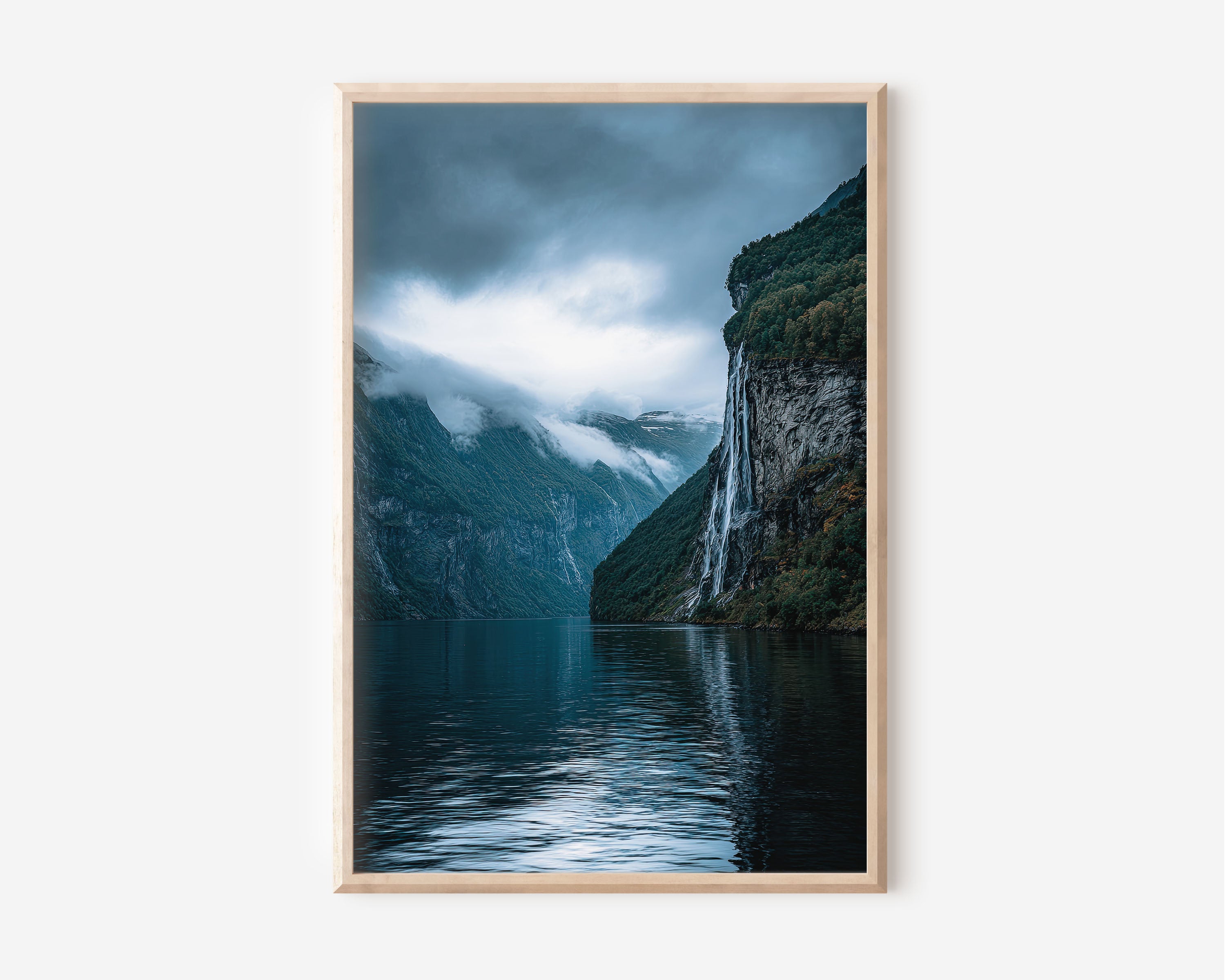 Norway Geirangerfjord Seven Sisters Waterfall Wall Art Print | Moody Fjord Photography | Scandinavian Nature Home Decor