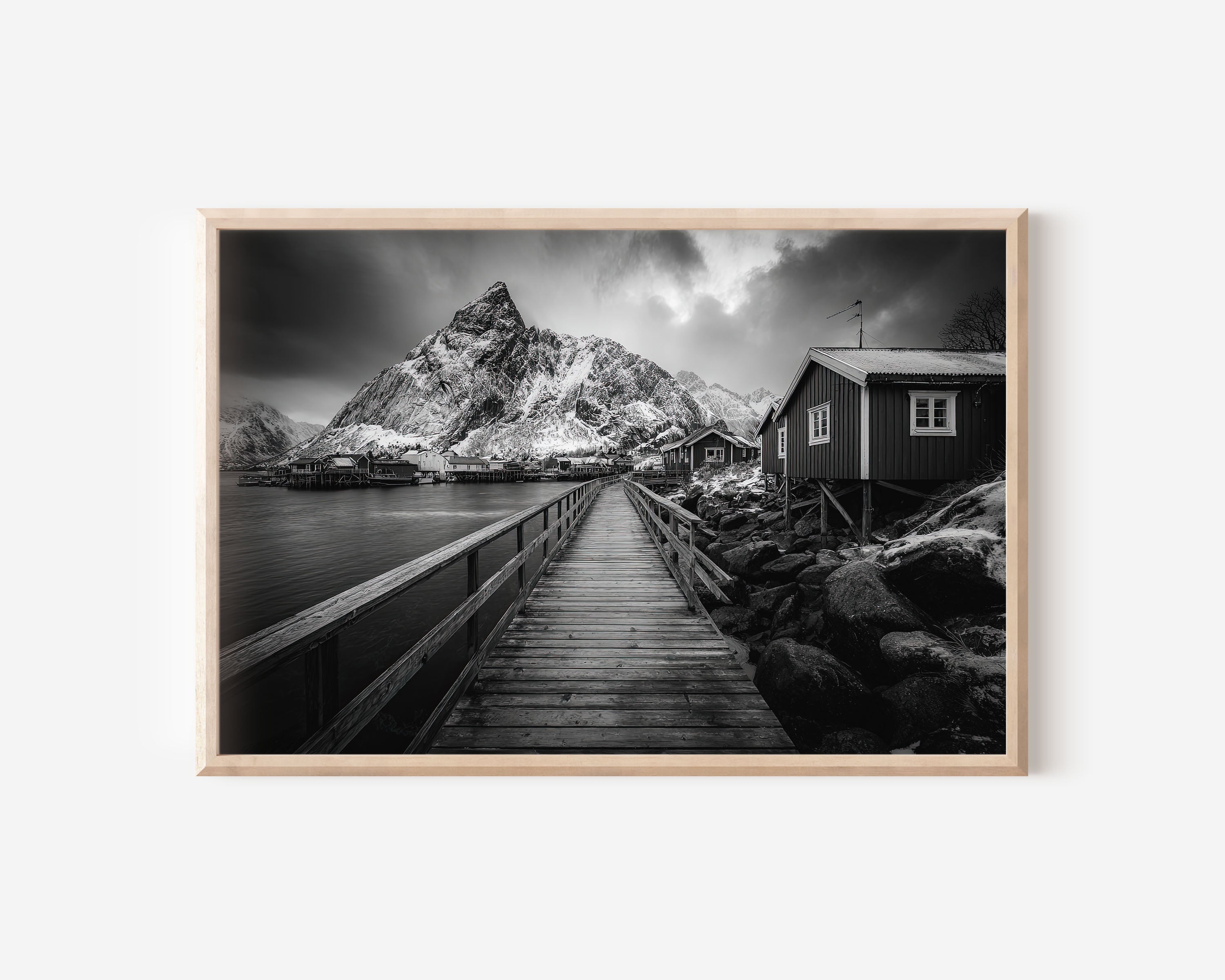 Norway Mountain Village Wall Art Print – Black and White Scandinavian Photography